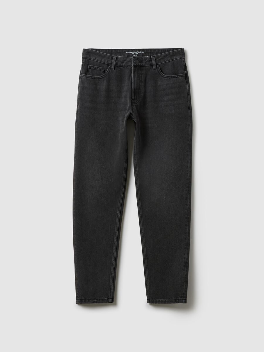 Black denim cotton blend regular fit stretch jeans_5