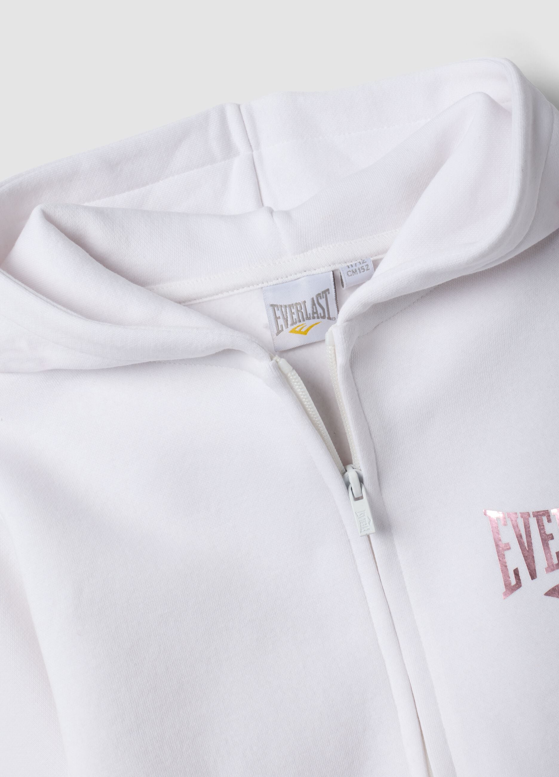 White hooded zip-up sweatshirt in cotton blend for girls, regular fit