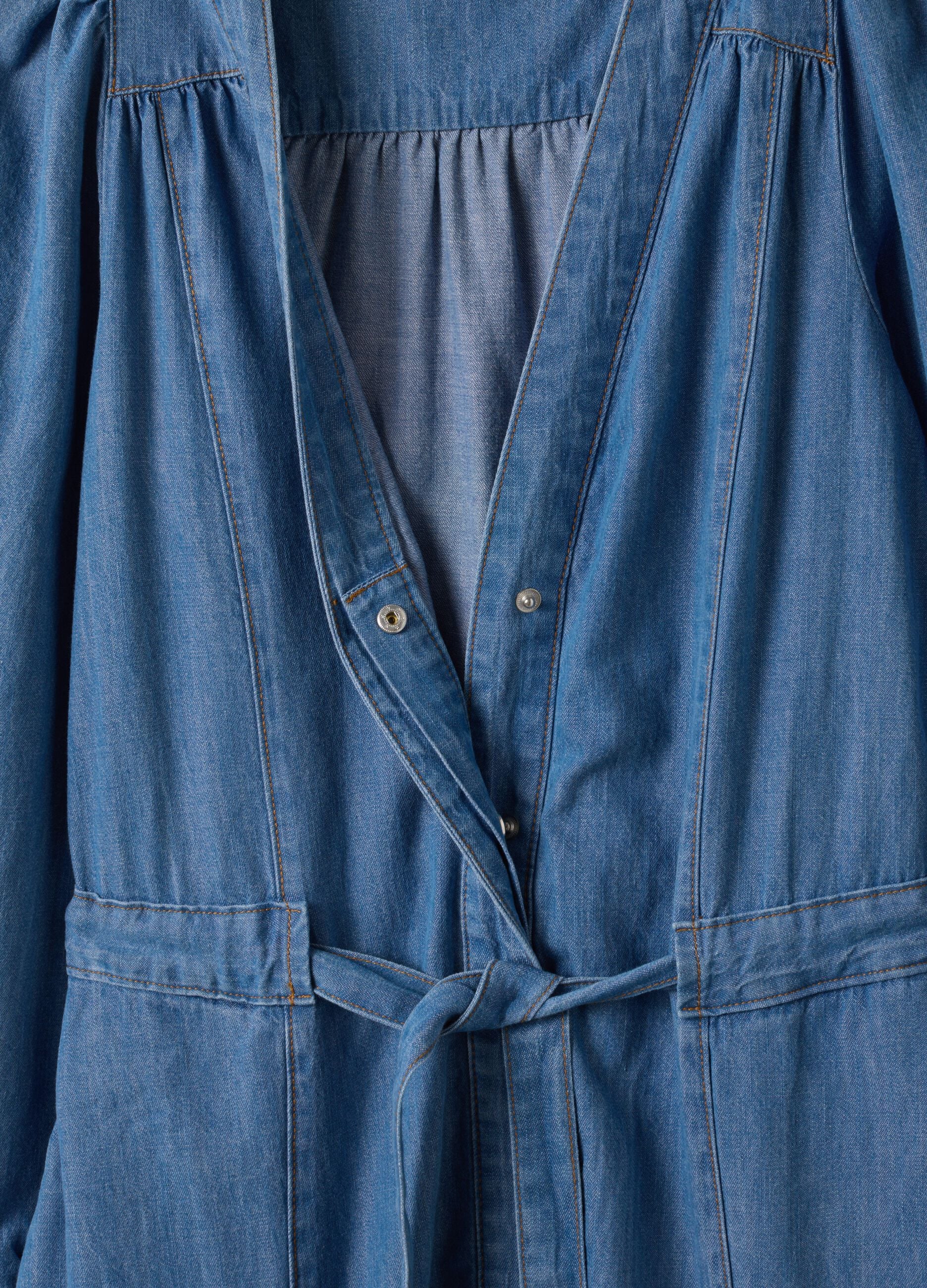 Blue pure cotton denim dress with deep V-neck regular fit