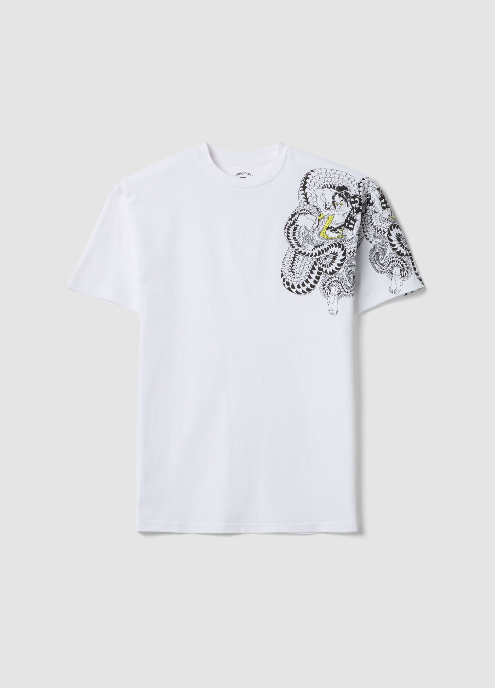 White pure cotton kids' oversized fit t-shirt with snake