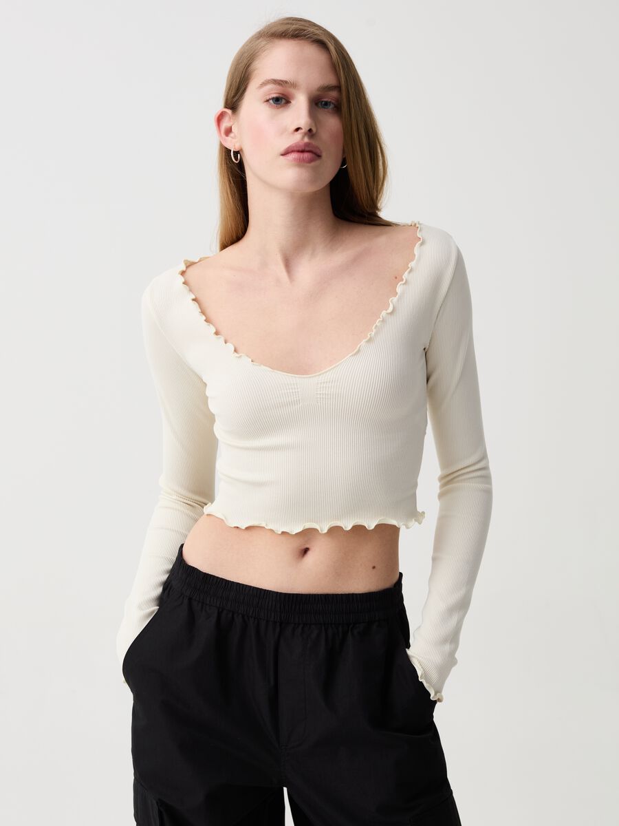 Ribbed crop T-shirt with wavy edging_2