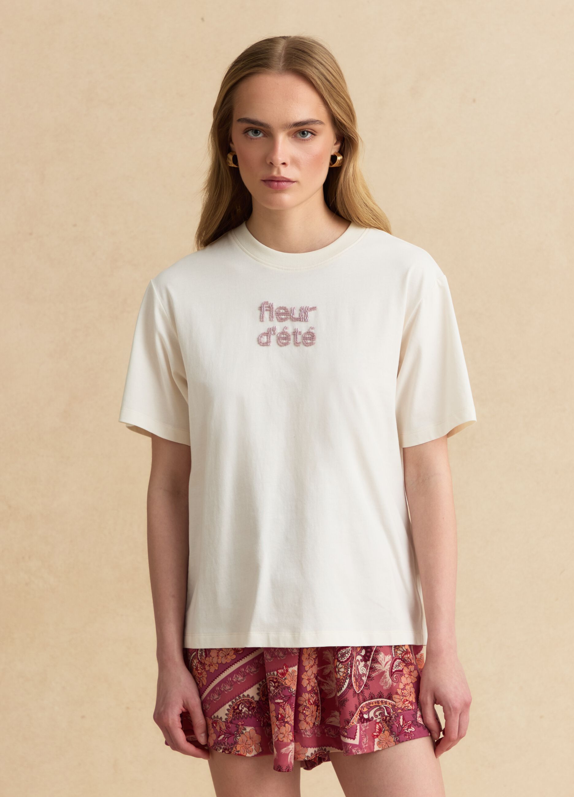 Beige pure cotton short-sleeve T-shirt