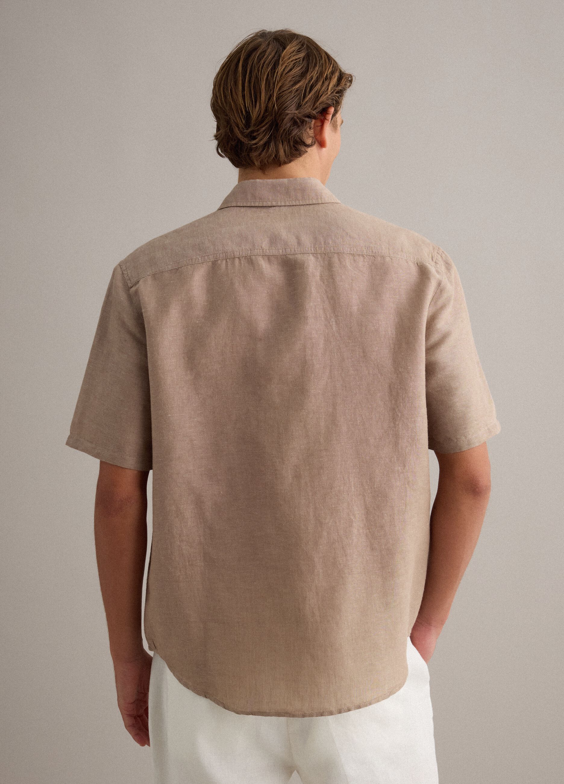 Beige Linen-Cotton Blend Regular Fit Shirt