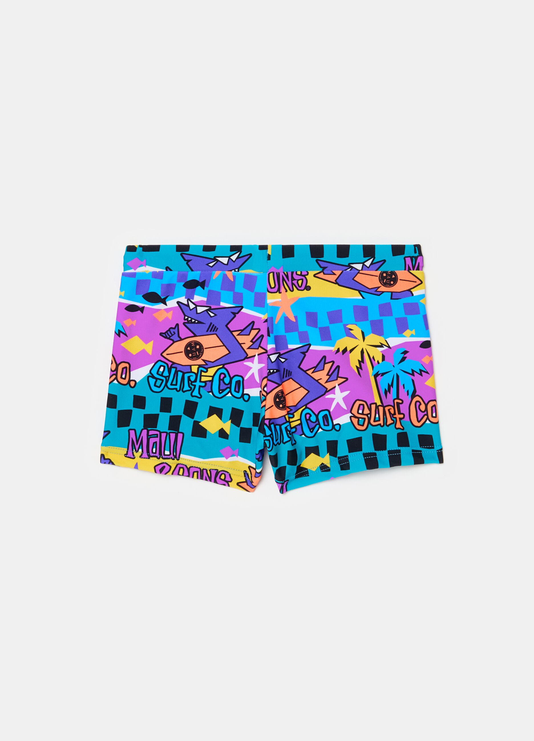 Swimming trunks with shark surfer print
