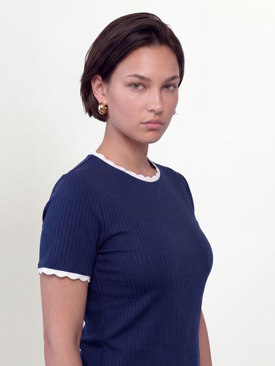 Blue stretch viscose crew-neck T-shirt with contrast trim_0