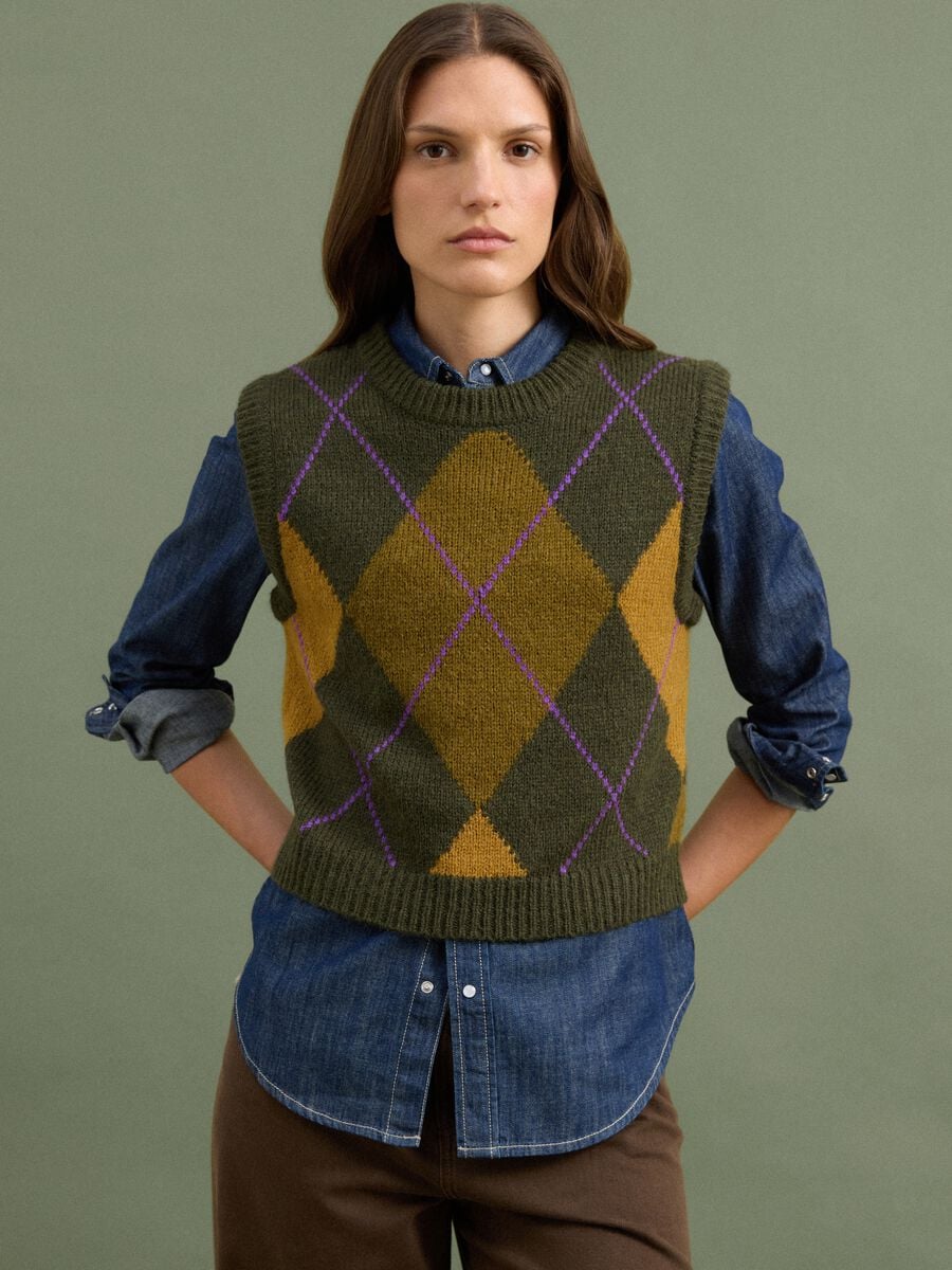 Gr&uuml;ne Jacquard-Weste aus Wollmischung mit Rundhalsausschnitt, Regular Fit_0