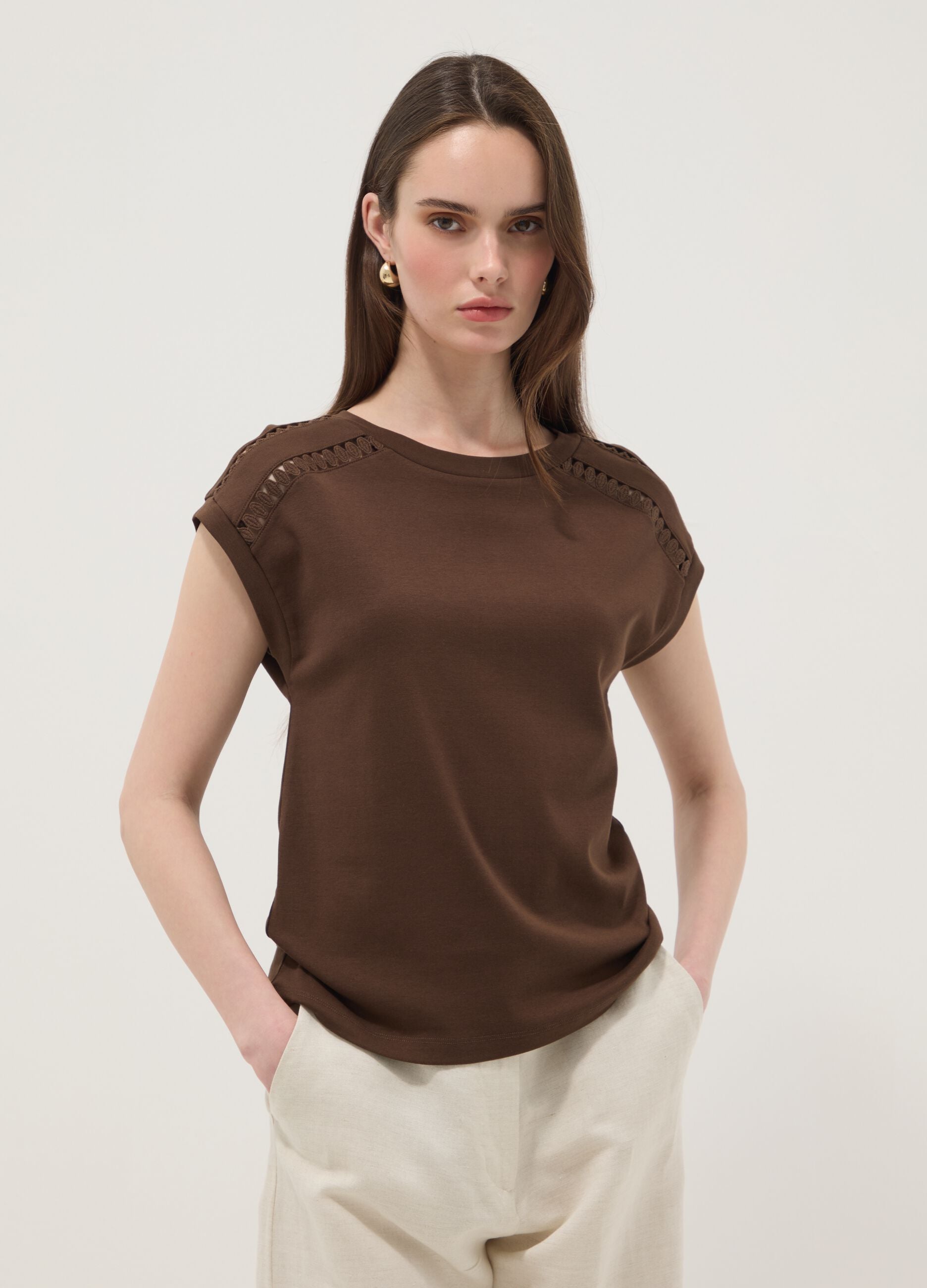 Brown pure cotton T-shirt with cut-out detailing
