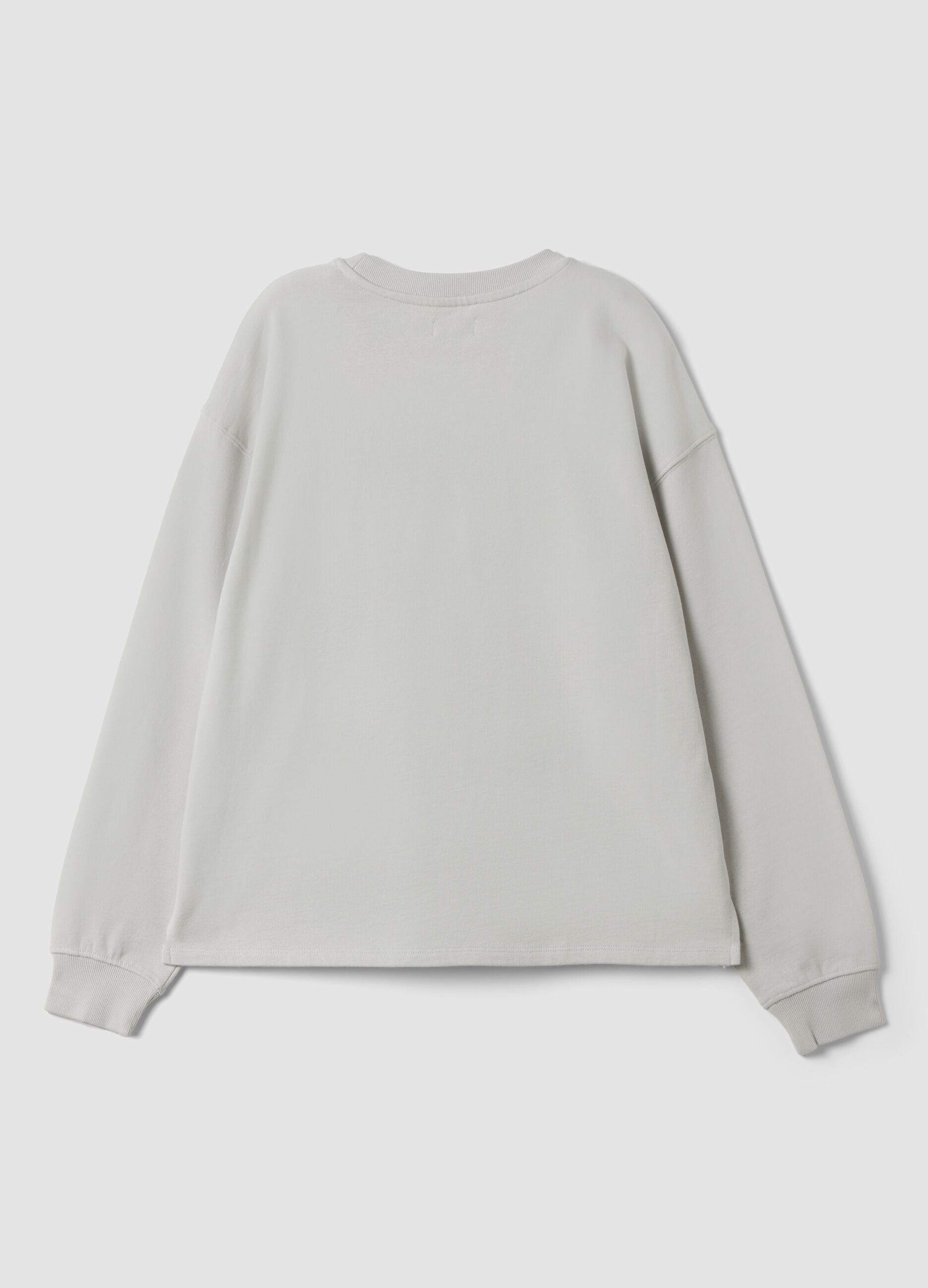 Grey pure cotton sweatshirt with ribbed neckline and print for girls