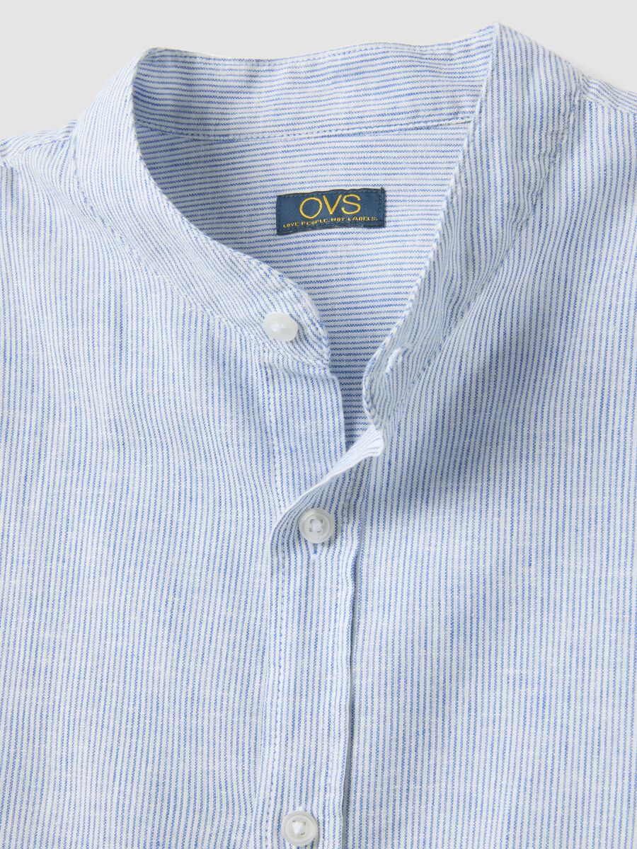 Multicoloured striped shirt with band collar in linen and cotton blend, regular fit_5
