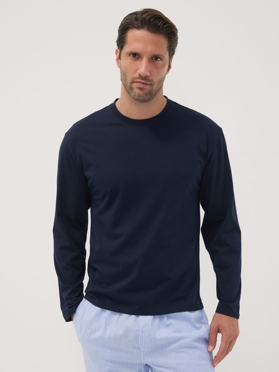 Blue organic cotton pyjama top with crew neck_1