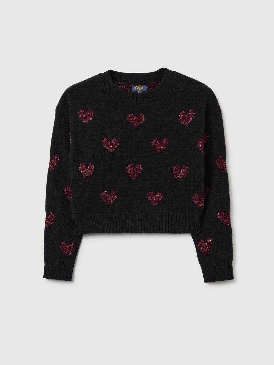 Girls' regular fit black sweater with decorative hearts_3