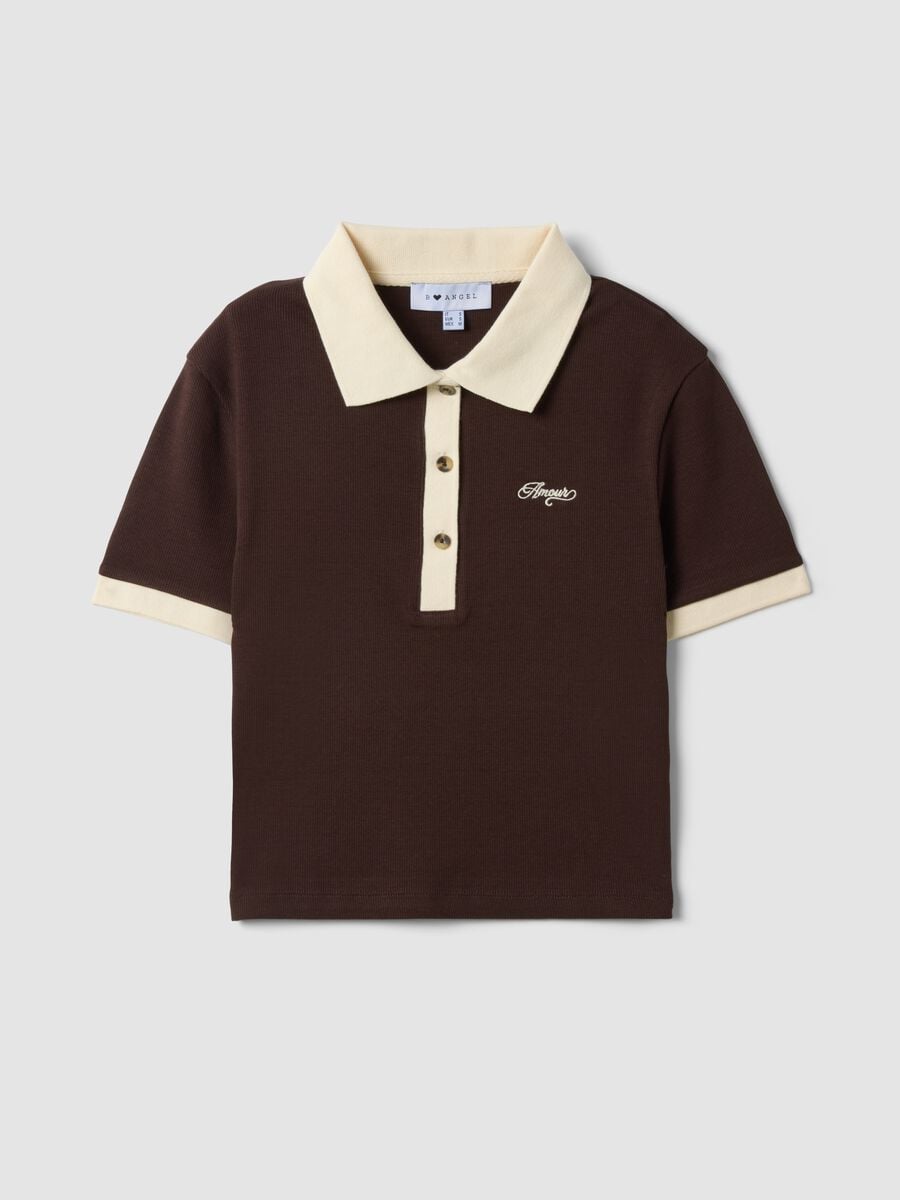 Brown cropped stretch cotton polo with print, regular fit_0