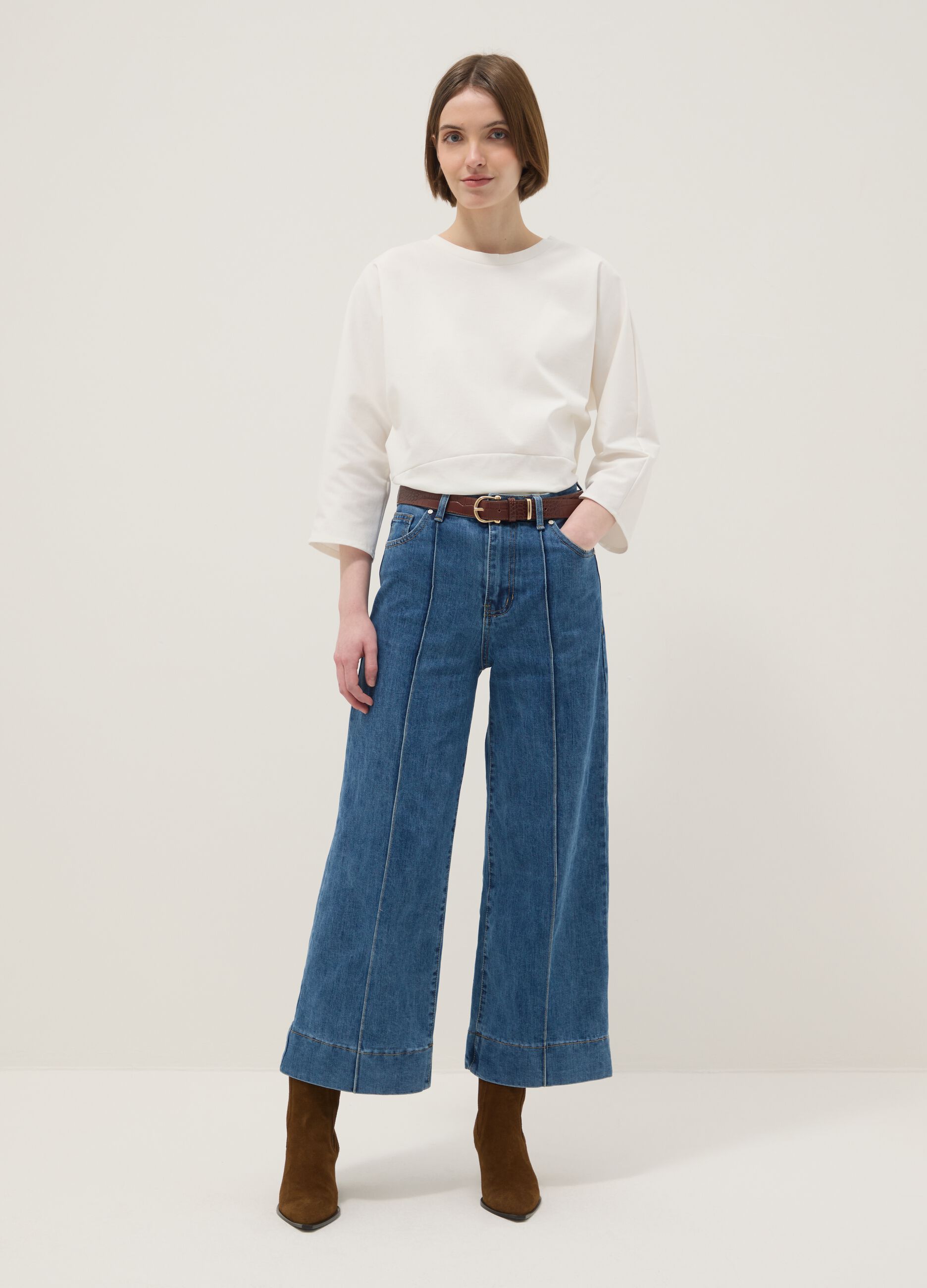 Regular fit blue stretch denim cotton blend trousers