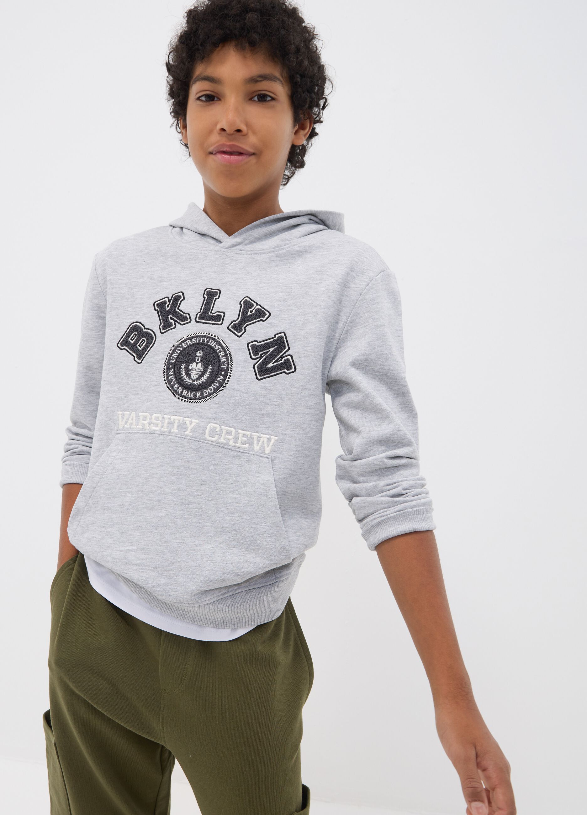 Grey cotton-viscose blend hoodie, relaxed fit, for boys