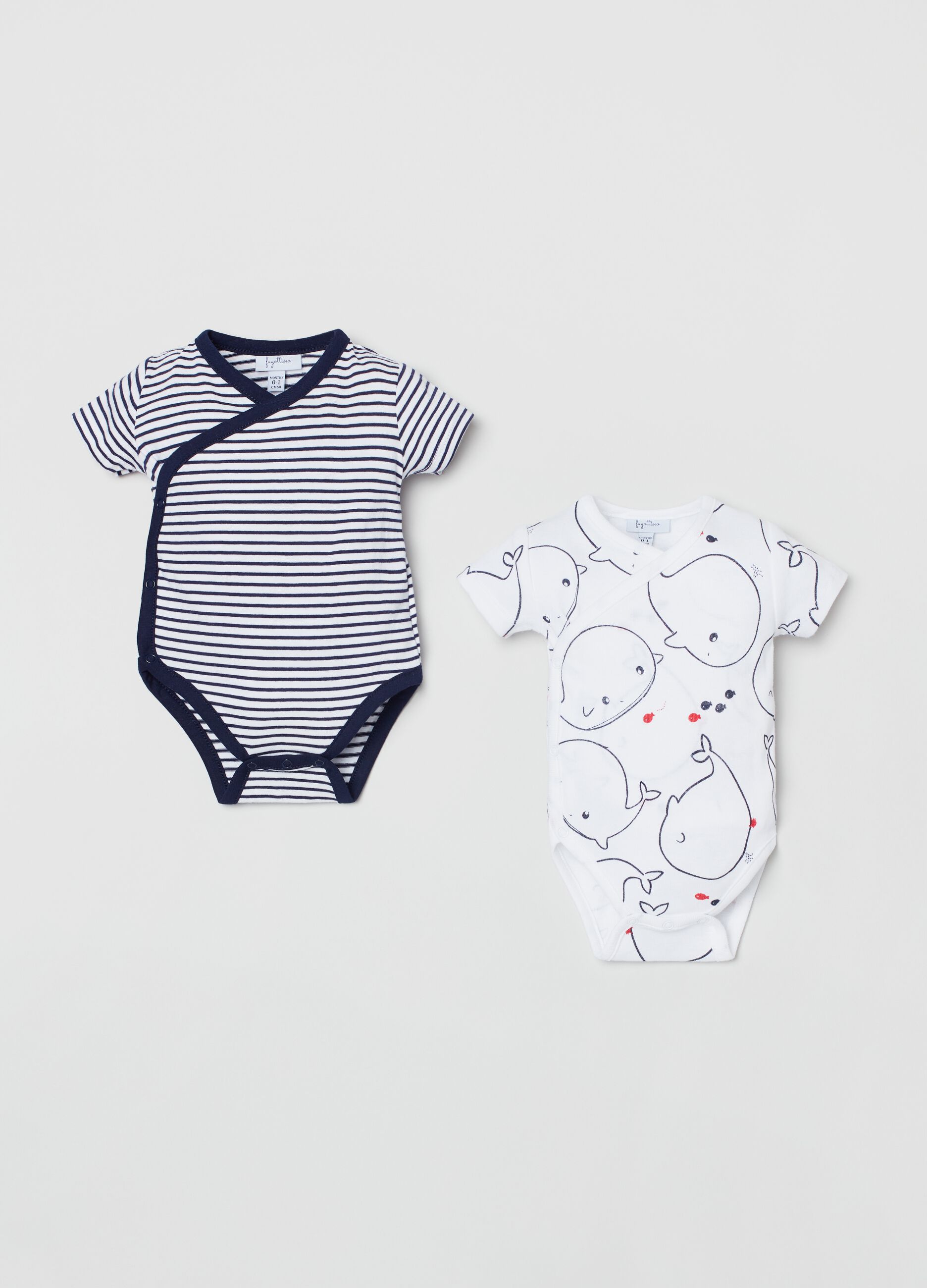 Two-pack bodysuits with striped print and whales