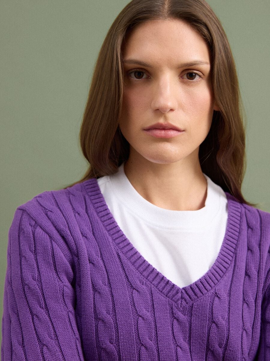 Purple pure cotton cable-knit jumper with deep V-neck_1