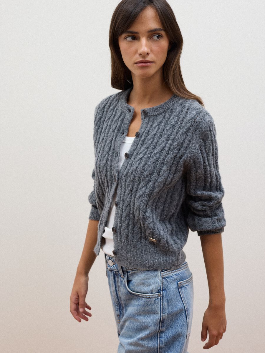 Grey wool-blend cable-knit cardigan_0