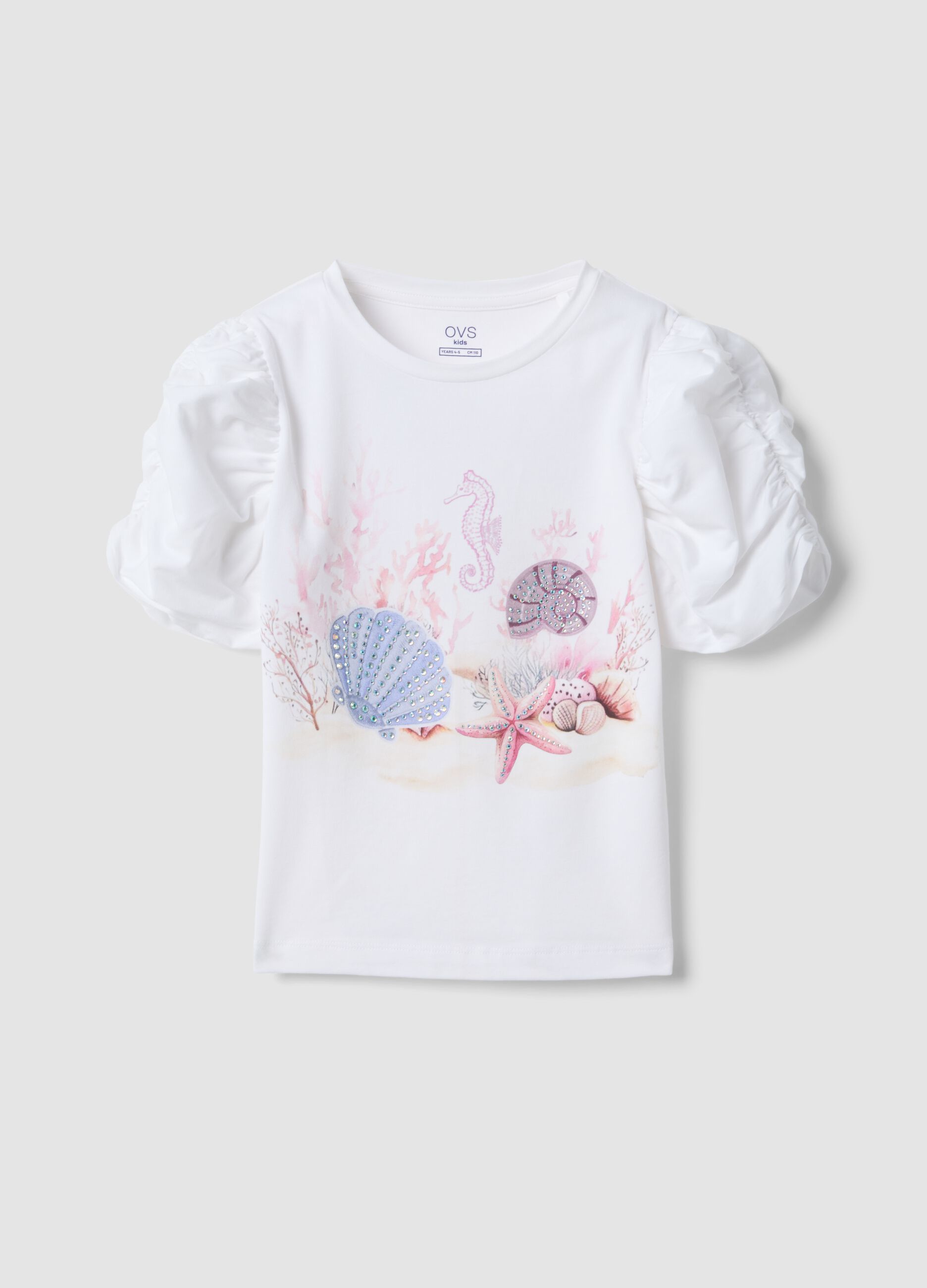 White stretch cotton T-shirt with puff sleeves