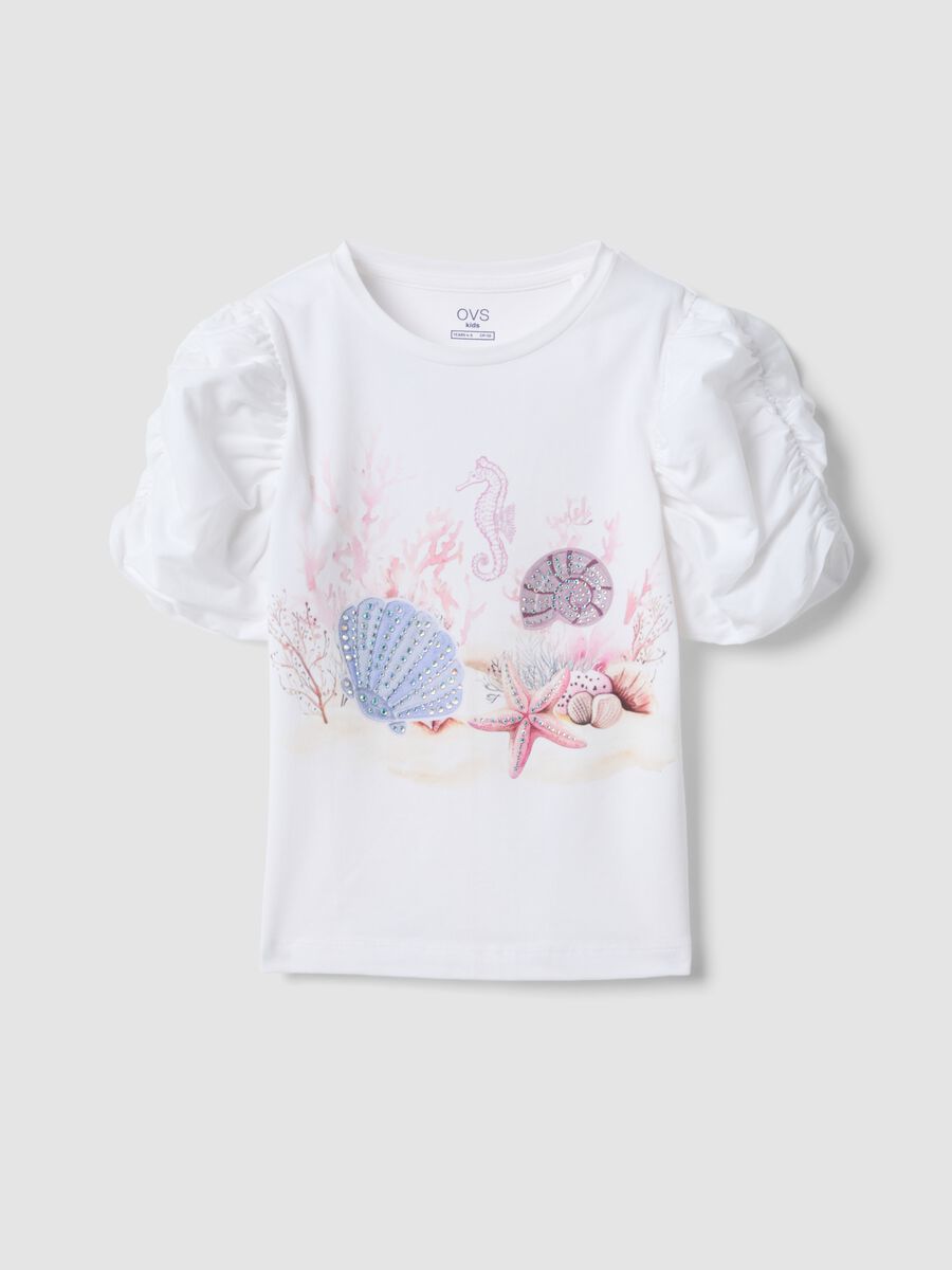 White stretch cotton T-shirt with puff sleeves_0