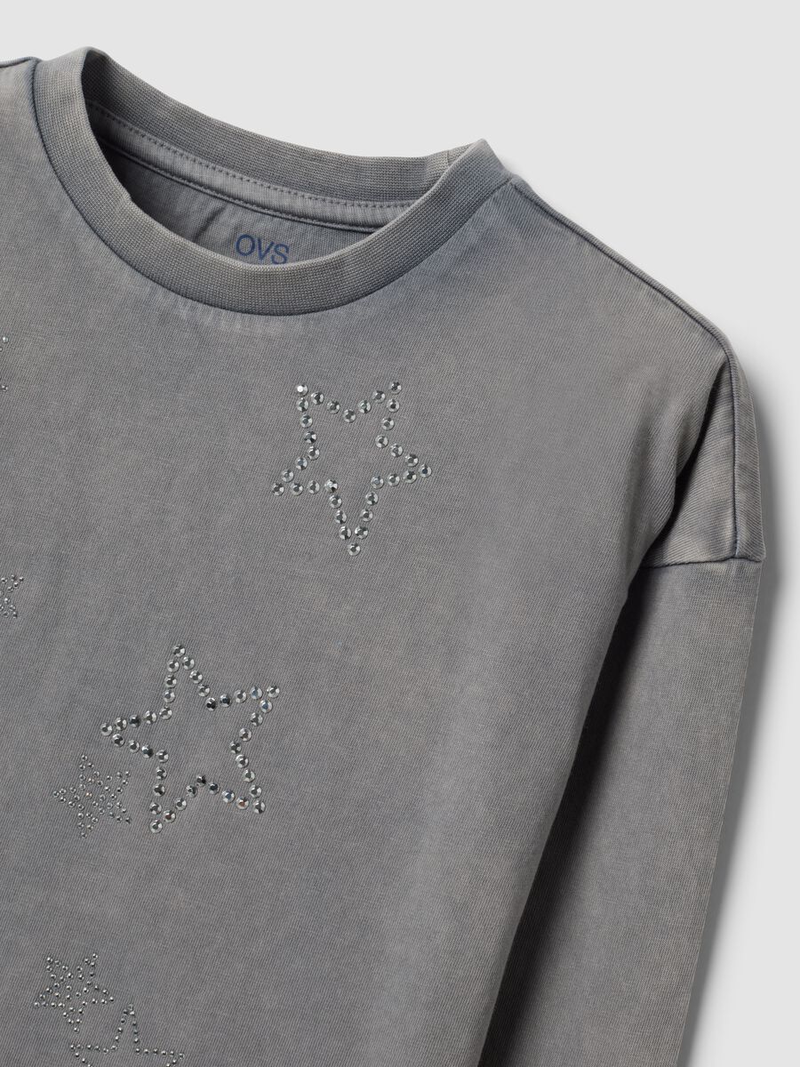 Grey pure cotton crew-neck T-shirt with rhinestone stars for girls_2