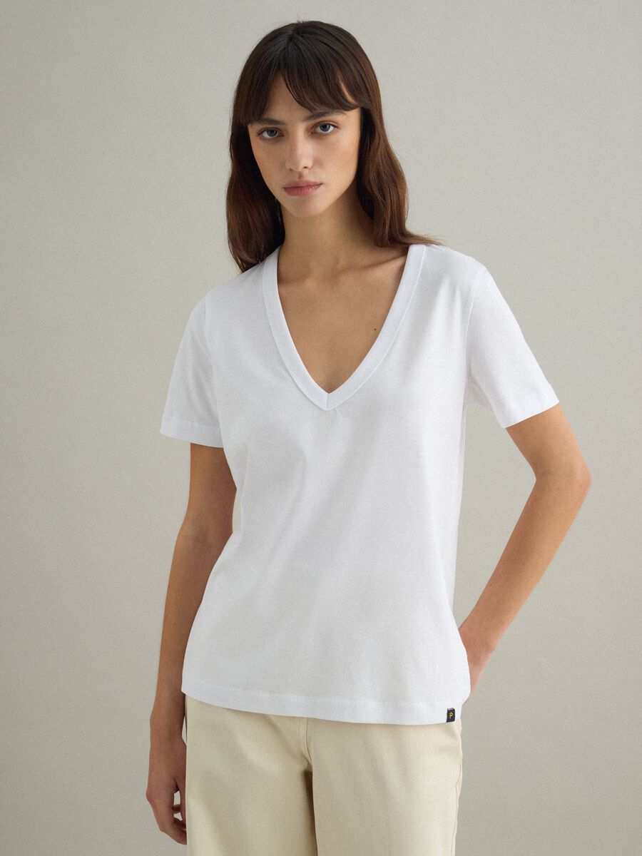 White pure cotton T-shirt regular fit deep V_3