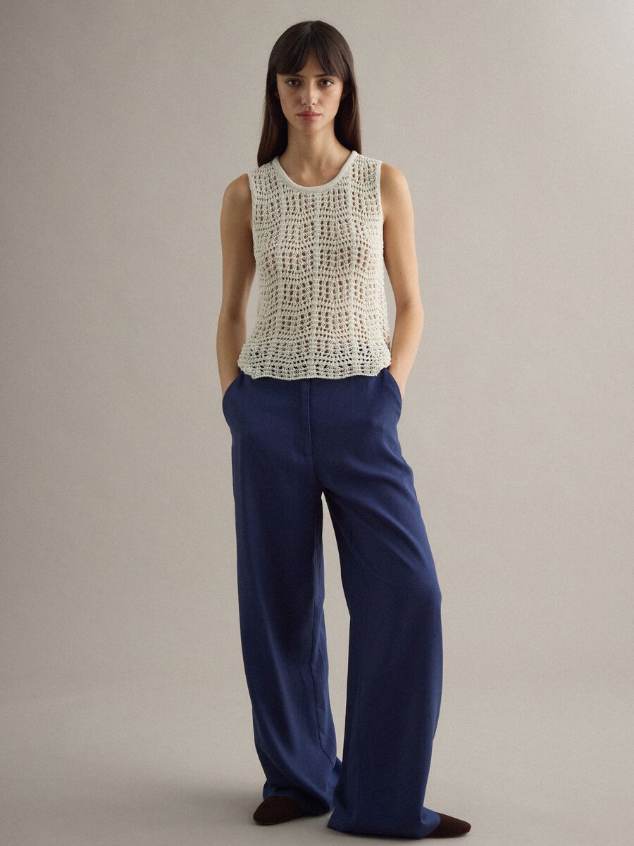 White cotton blend tank top regular fit with mesh texture_1