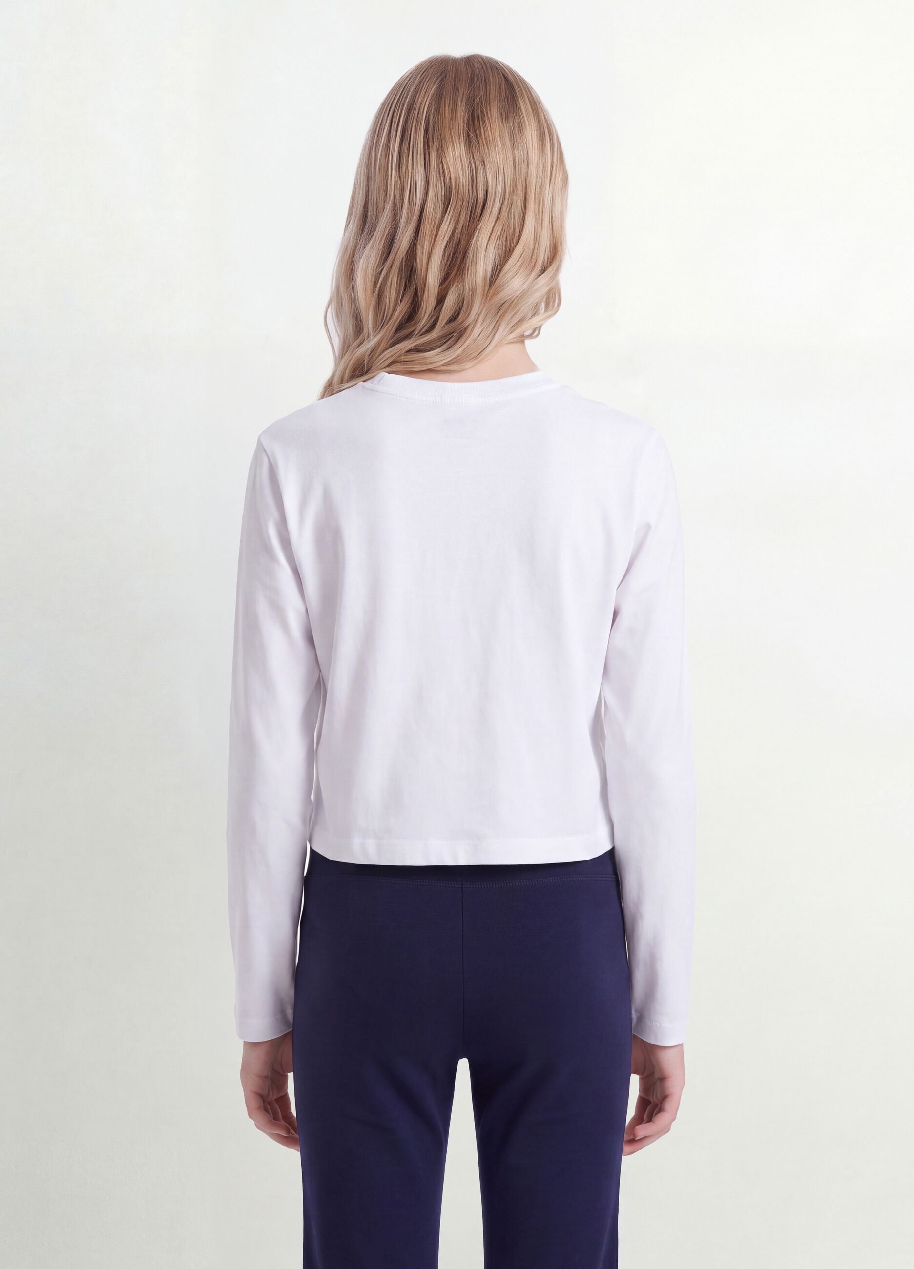 Girls&rsquo; pure cotton white T-shirt with ribbed crew neck