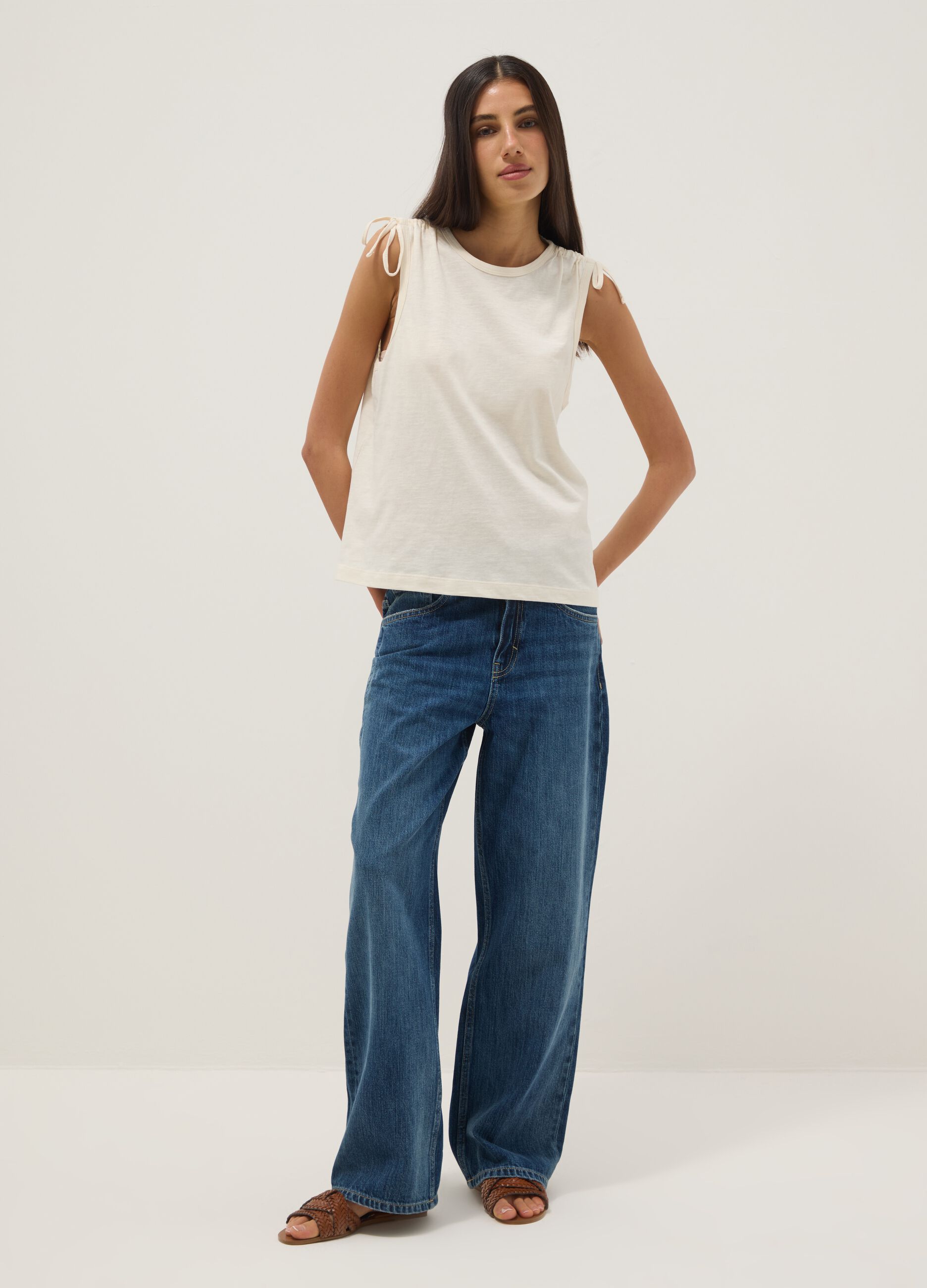 Beige pure cotton top with shoulder ties