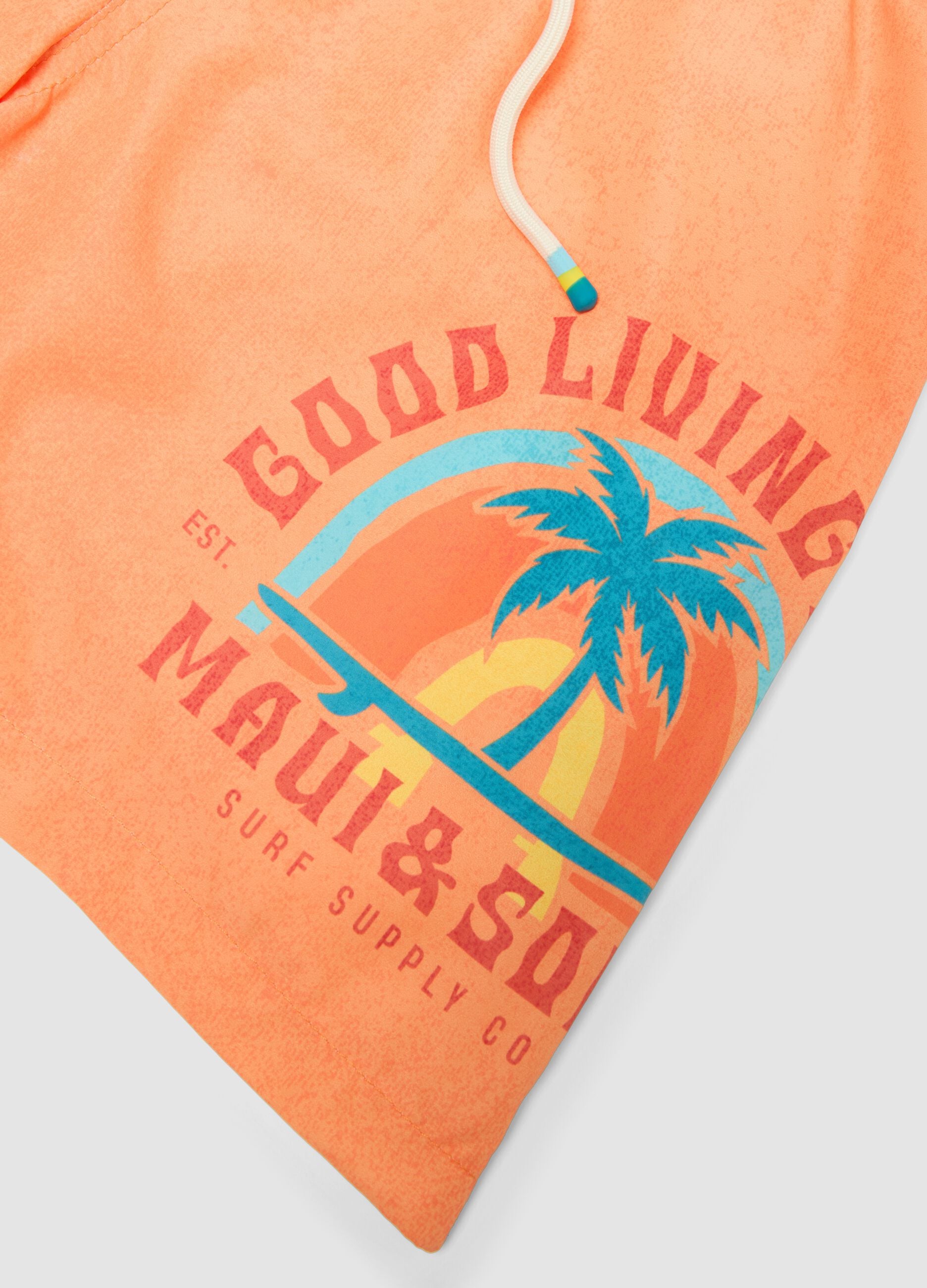 Orangefarbene Jungen-Badeshorts mit Tropenprint