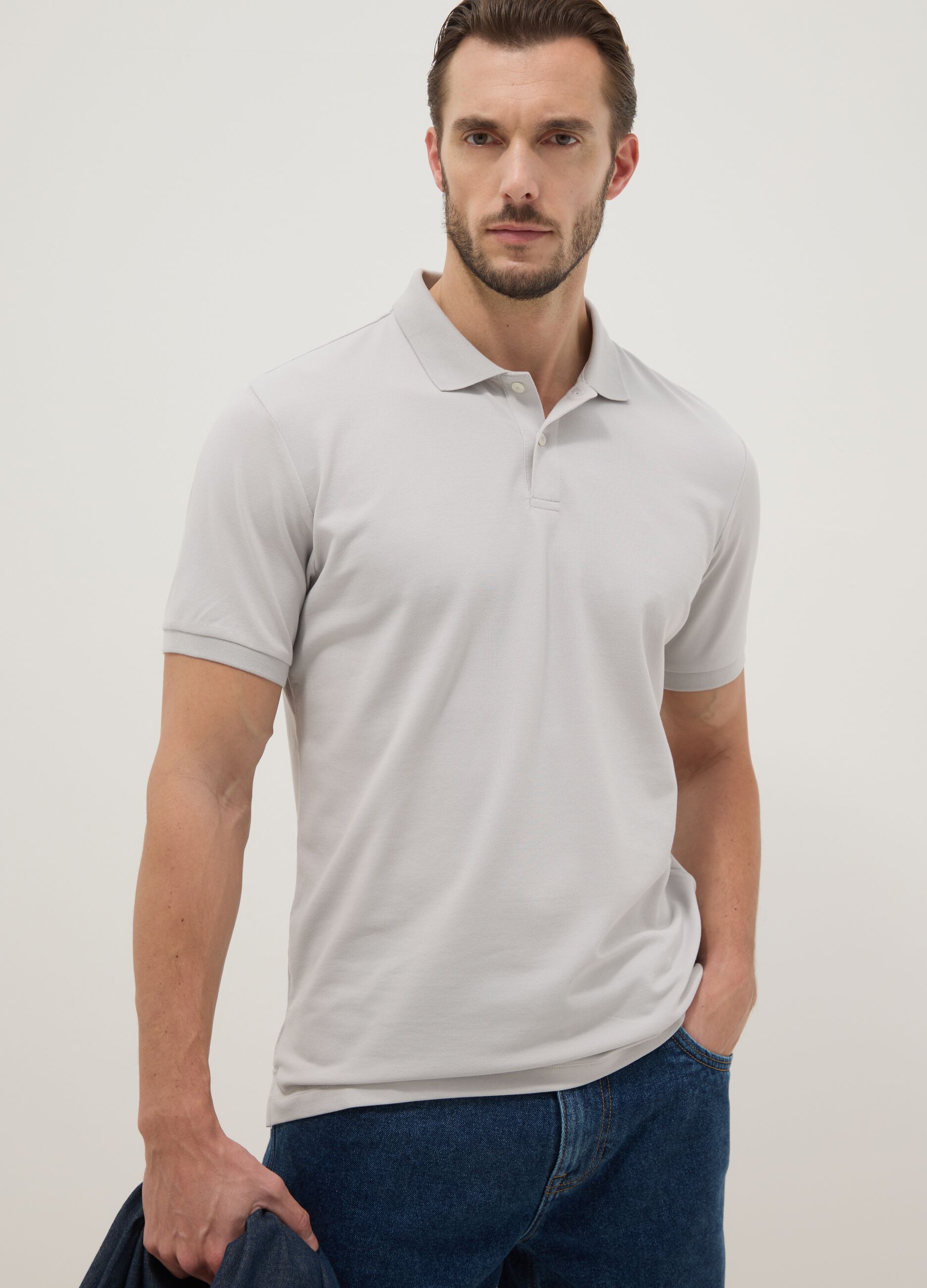 Grey stretchy cotton blend polo regular fit