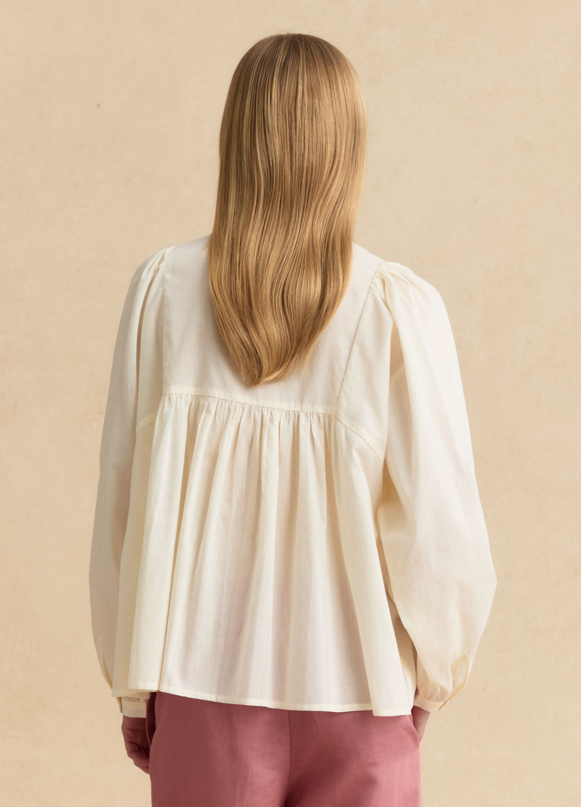 Beige pure cotton shirt with floral embroidery