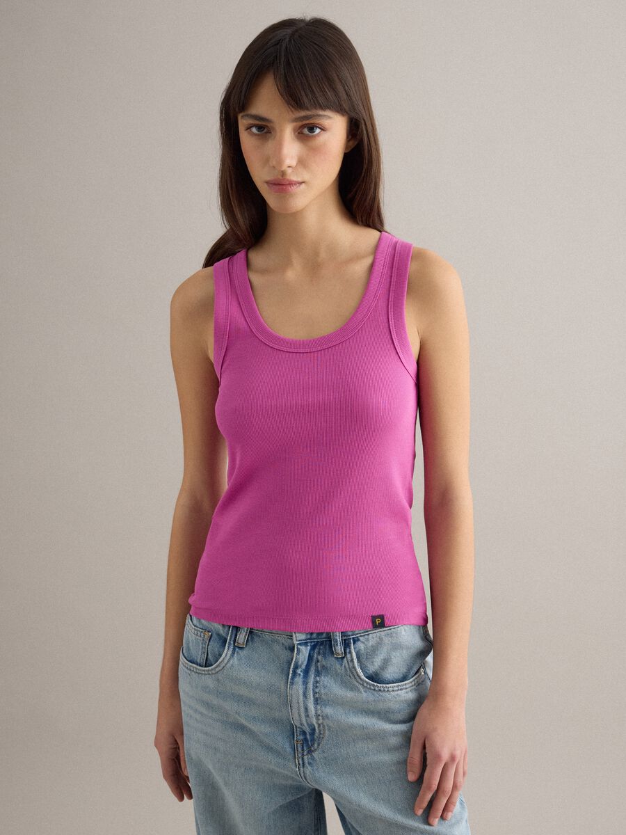 Pink stretch cotton regular fit tank top_1