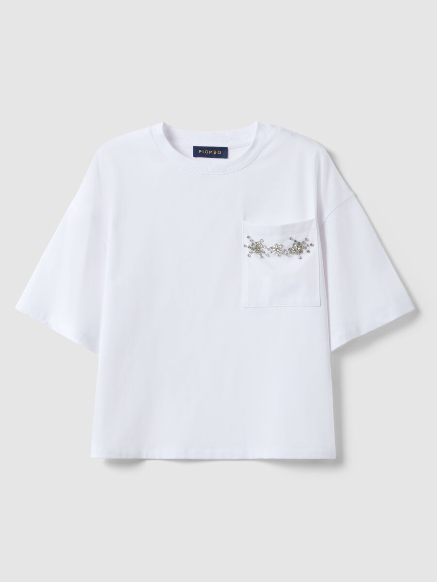 White cotton blend relaxed fit T-shirt with decorative pocket_4