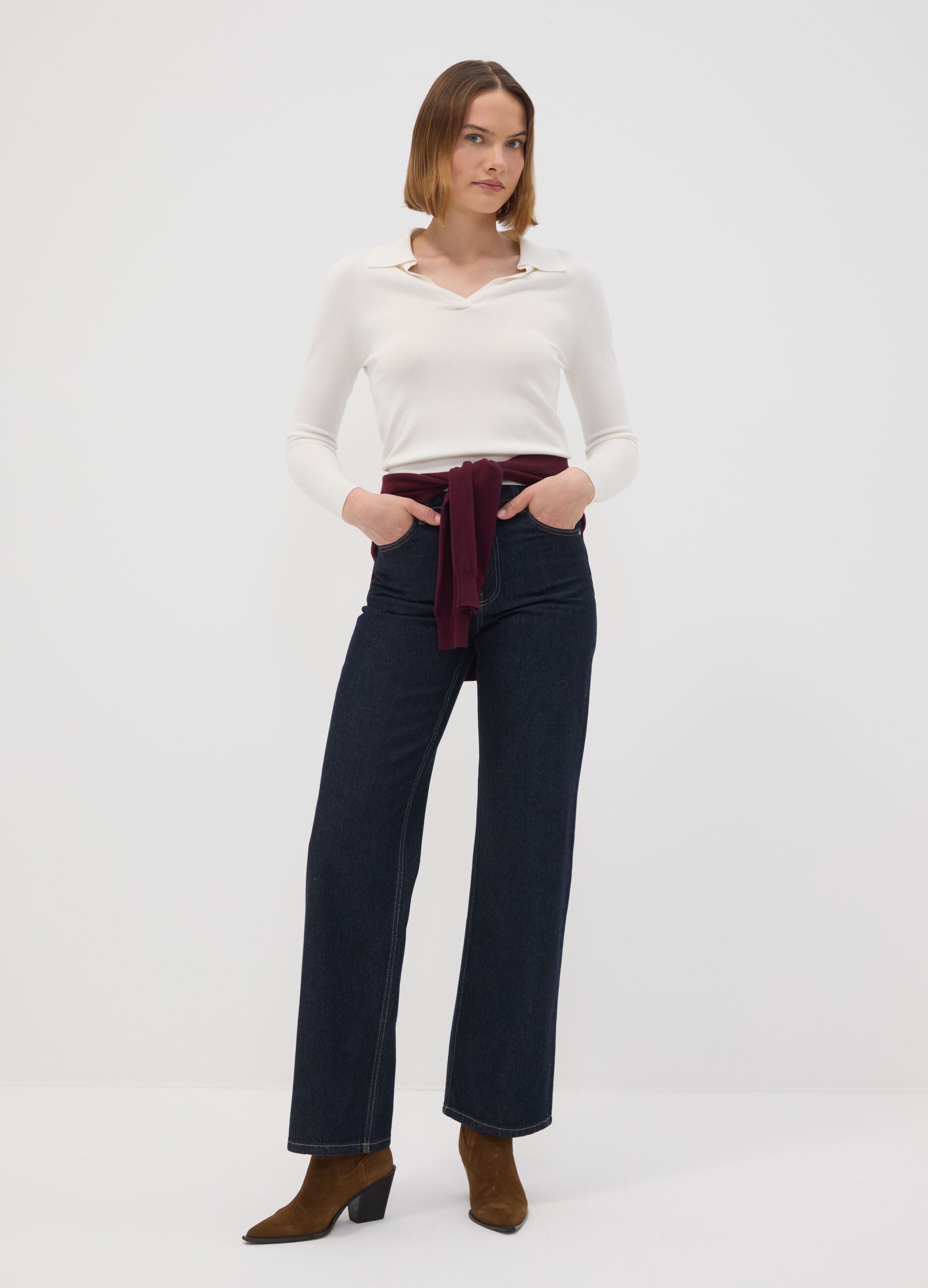 High-waisted wide-leg blue denim jeans in pure cotton