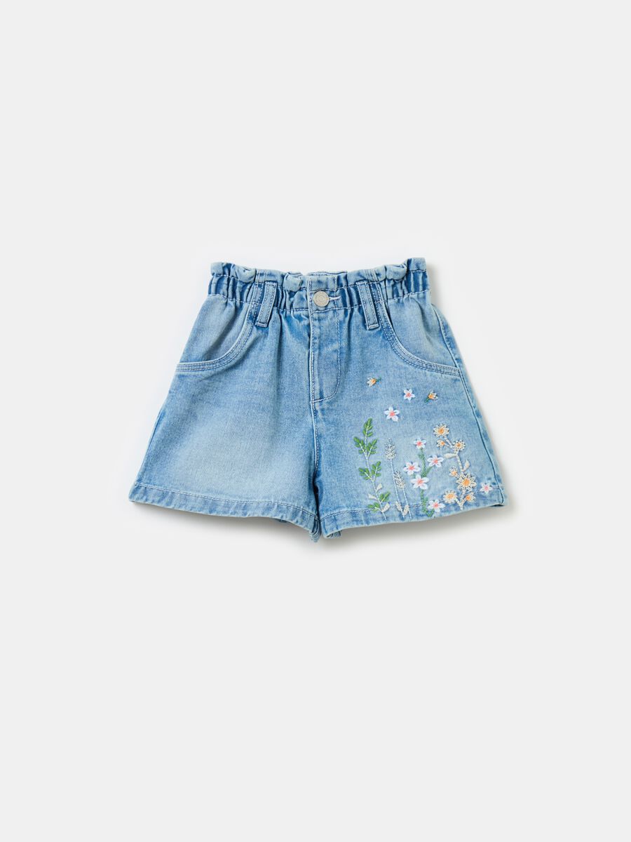 Denim shorts with flower embroidery_0