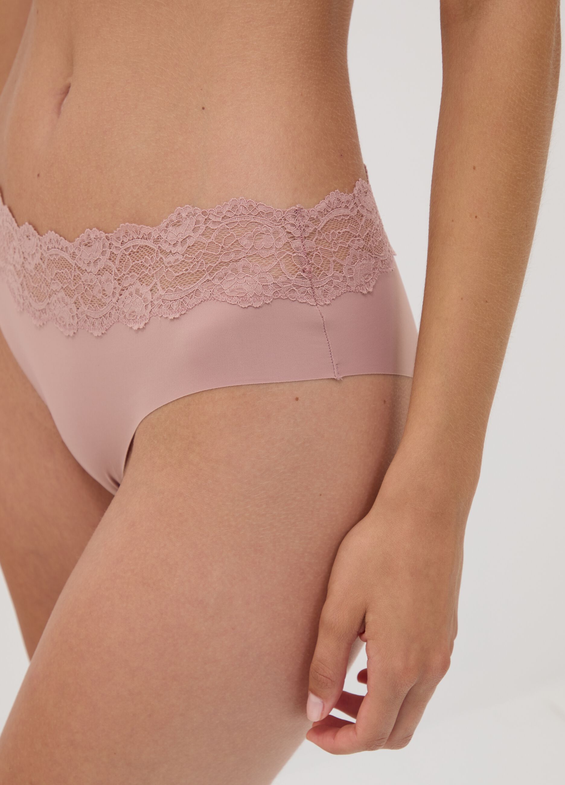 Pink stretch microfibre briefs with lace