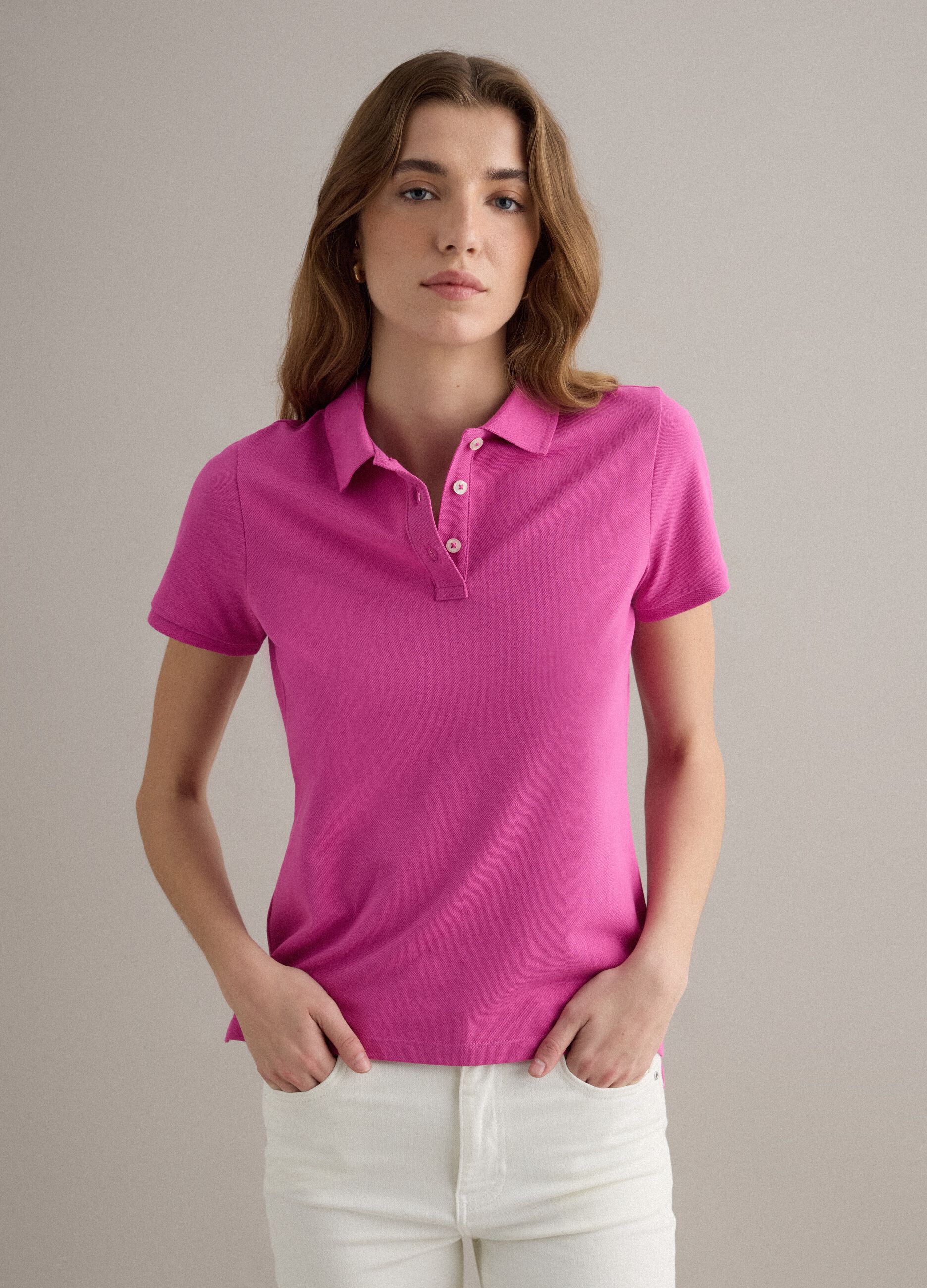 Pink short-sleeve pure cotton polo shirt, regular fit
