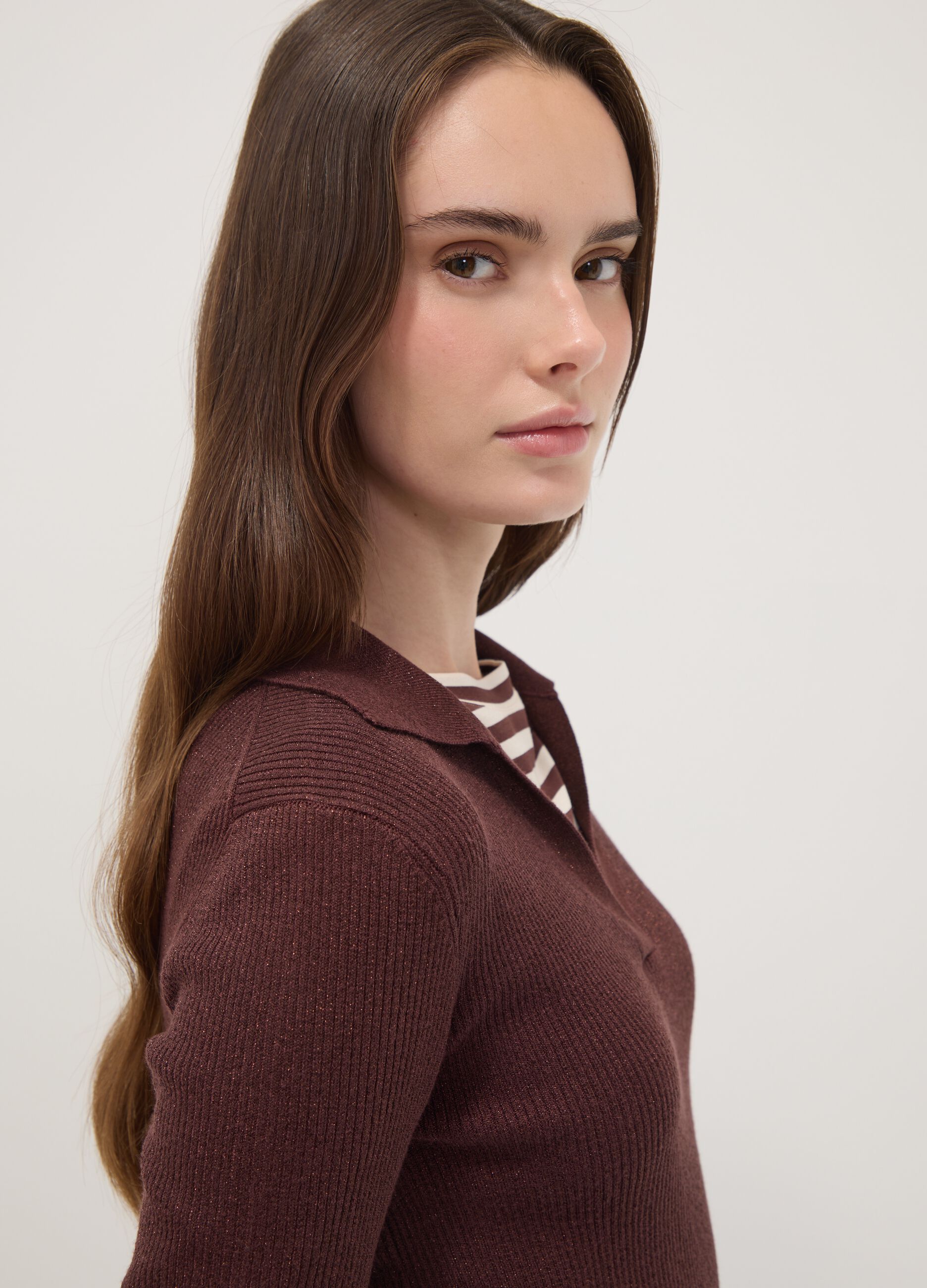 Brown ribbed viscose-blend polo-collar top