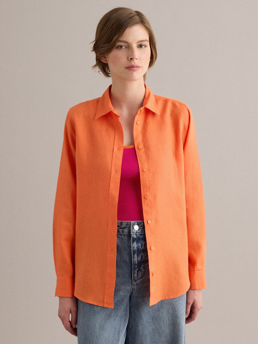 Orange pure linen regular fit shirt_1