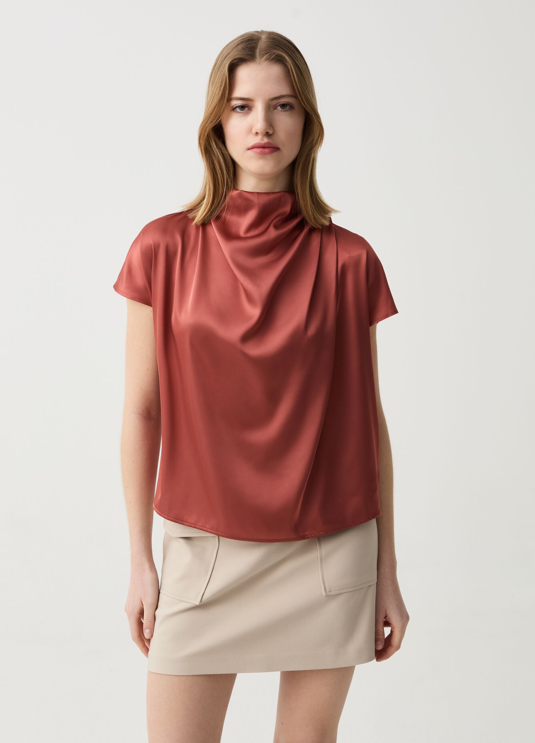 Satin blouse with high neck and draping