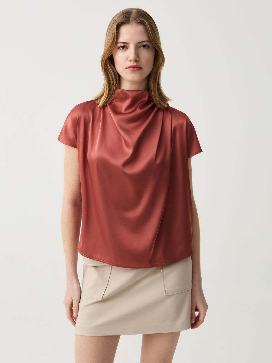 Satin blouse with high neck and draping_0