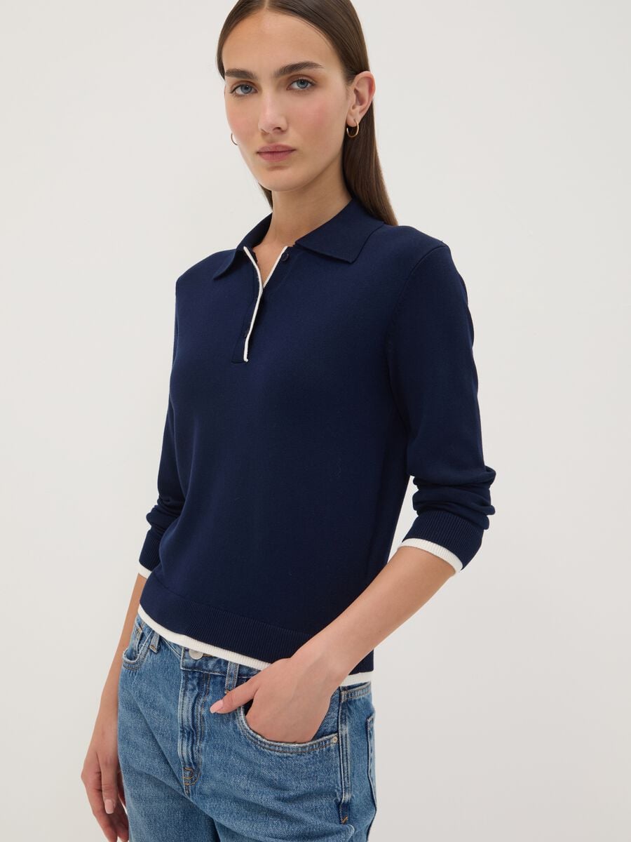 Blue viscose-blend top with polo collar, regular fit_0