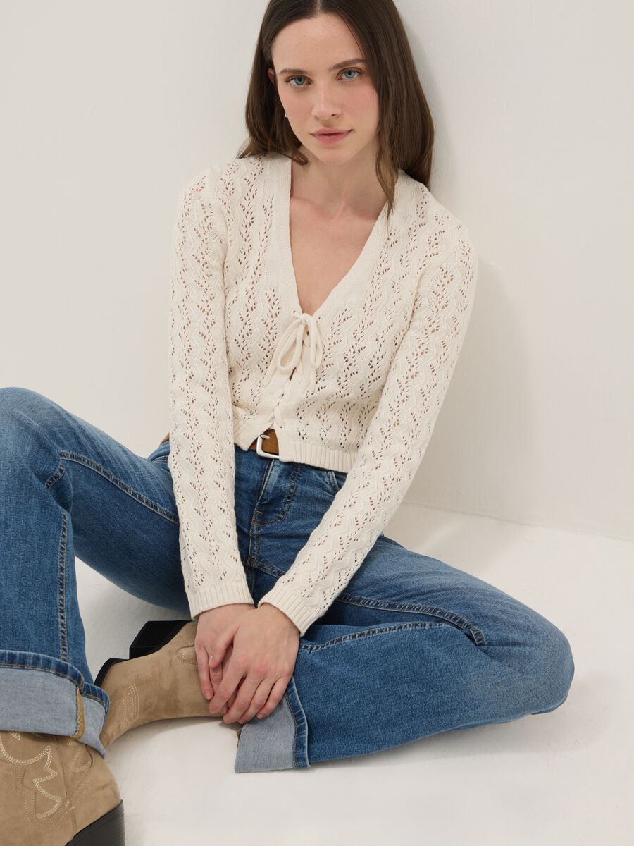 Regular fit beige pure cotton cardigan with perforated design_0