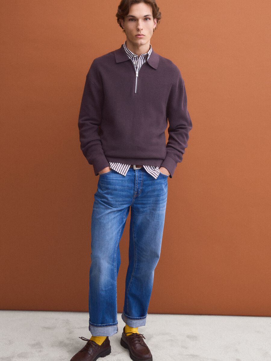 Polo marrone in puro cotone con zip e collo classico_2