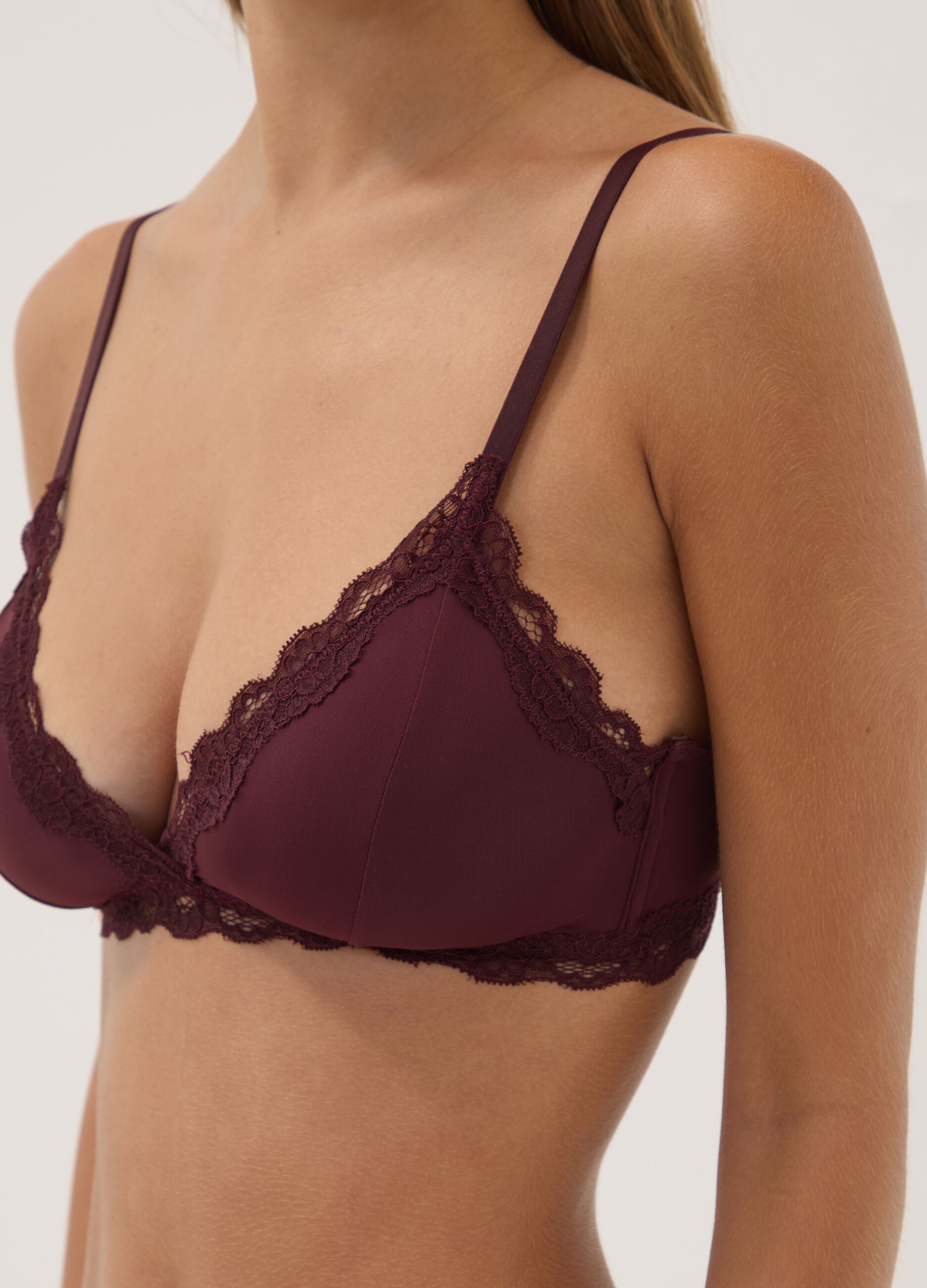 Purple stretch microfibre triangle bra with lace
