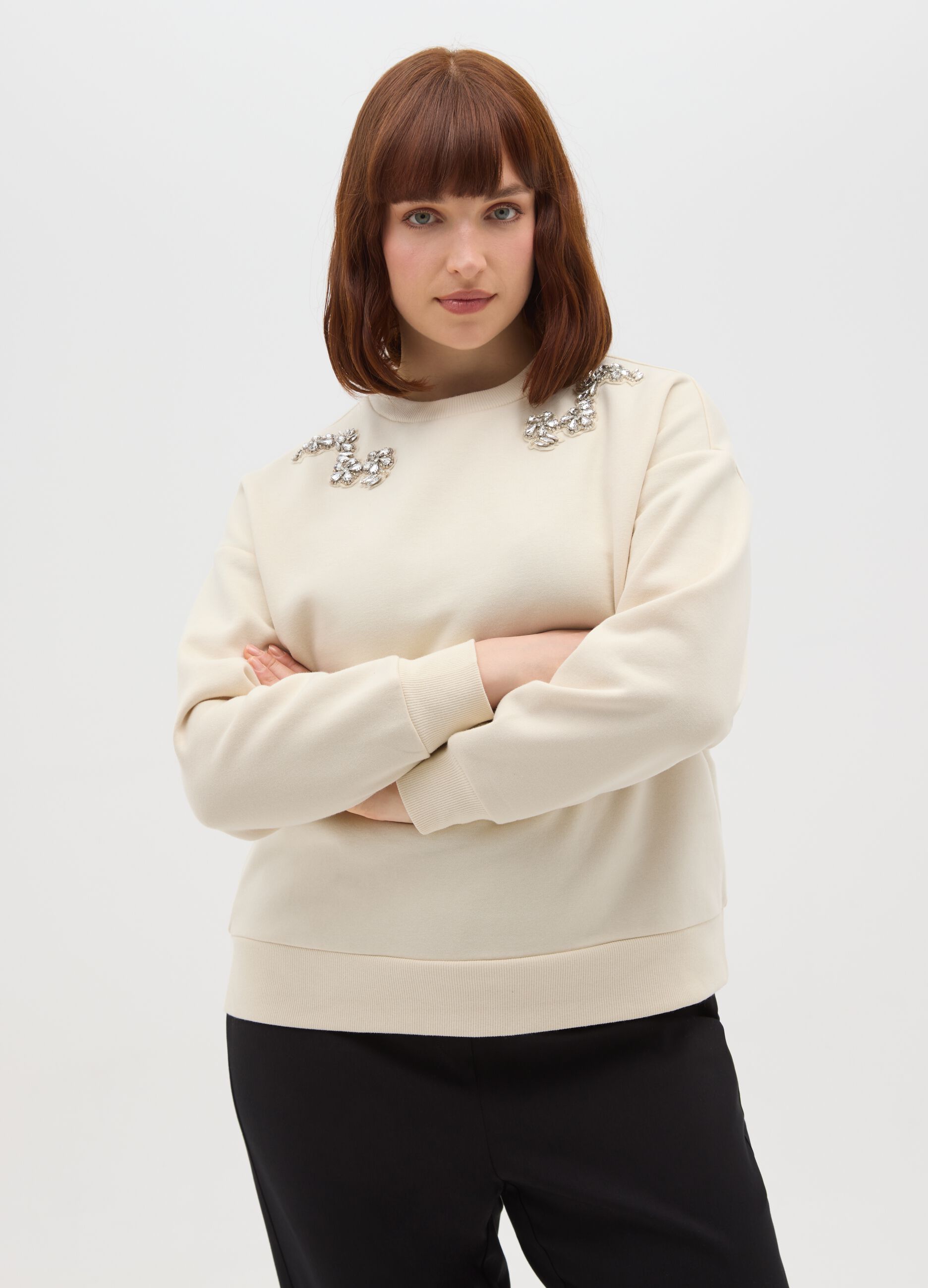 Beige cotton blend regular fit sweatshirt with rhinestones