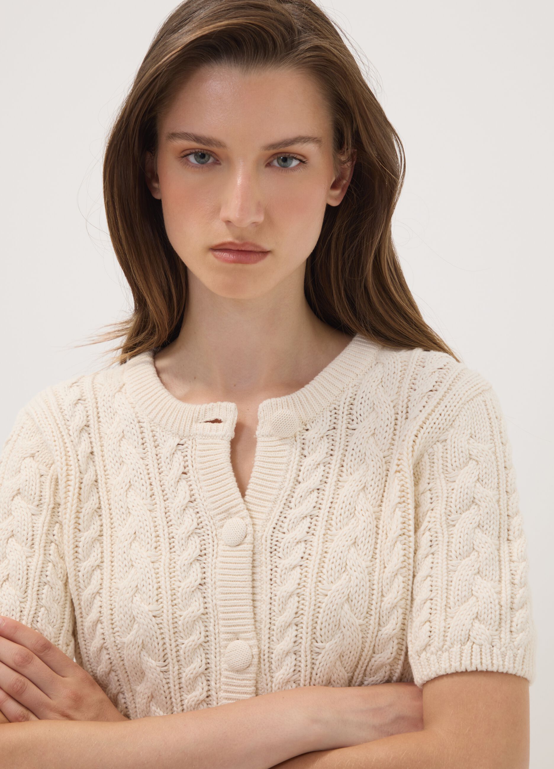 Beige pure cotton cable-knit cardigan, regular fit