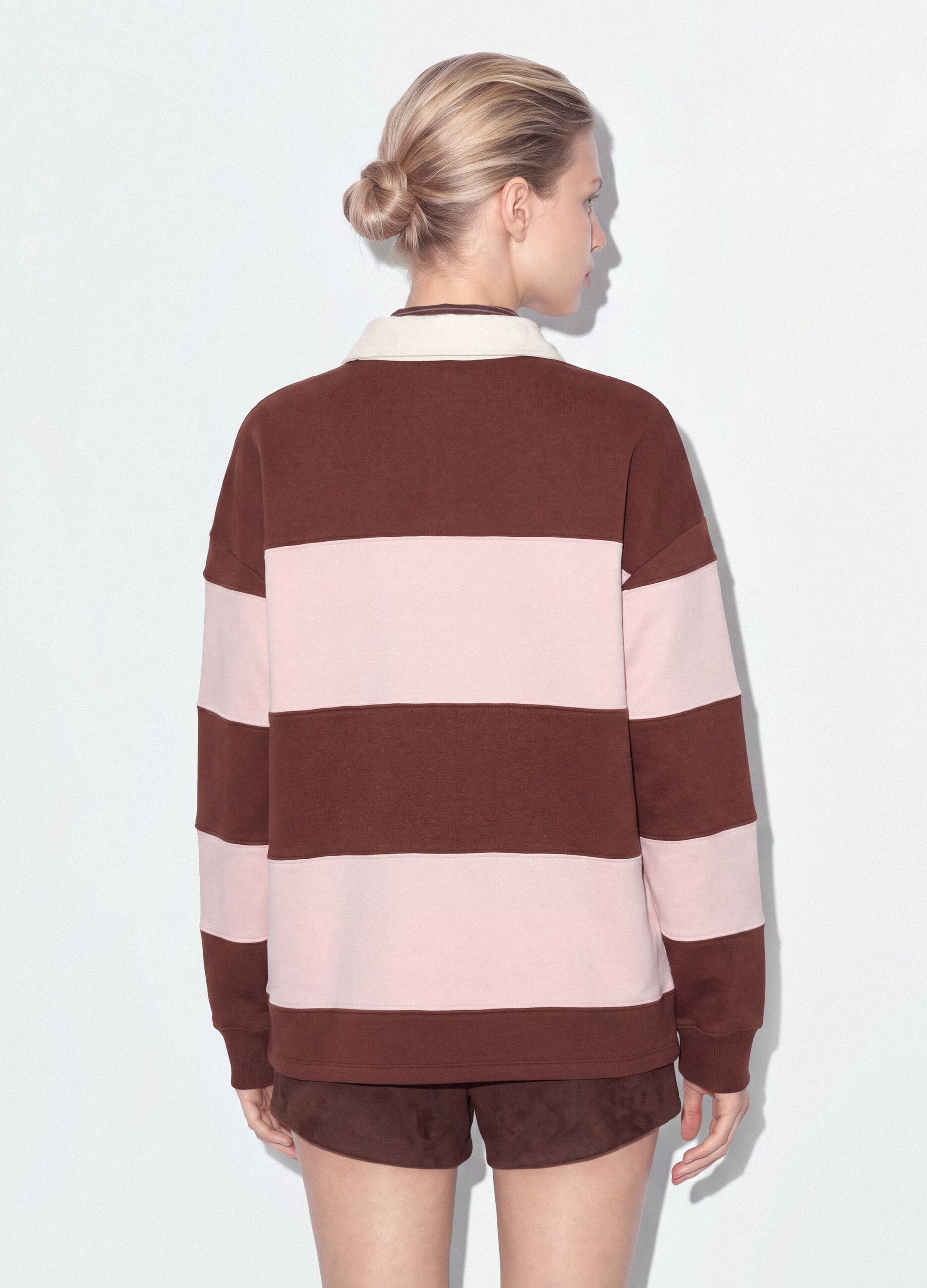 Sweatshirt castanha &agrave;s riscas em mistura de algod&atilde;o com colarinho, corte relaxed