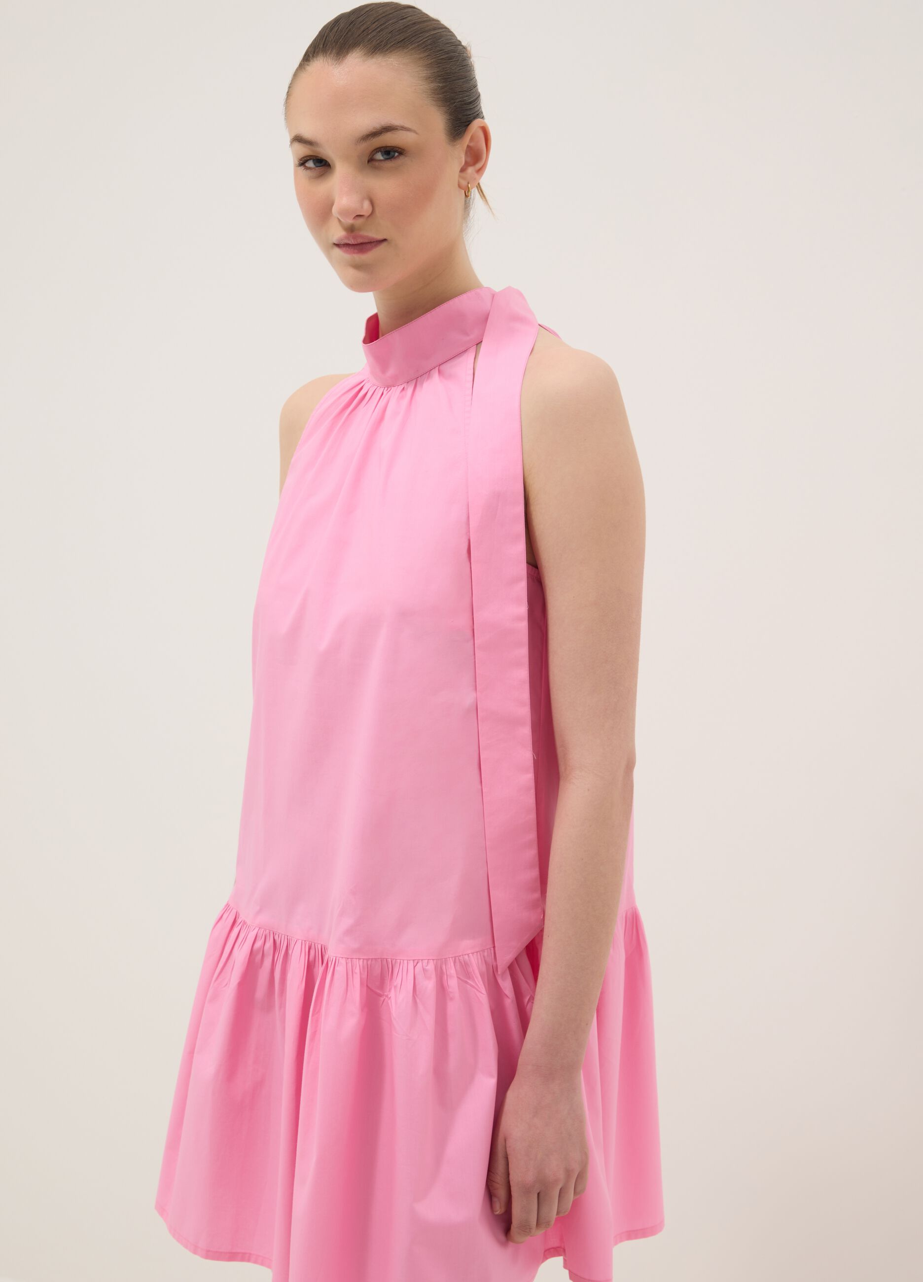 Pink pure cotton mini dress with high neck