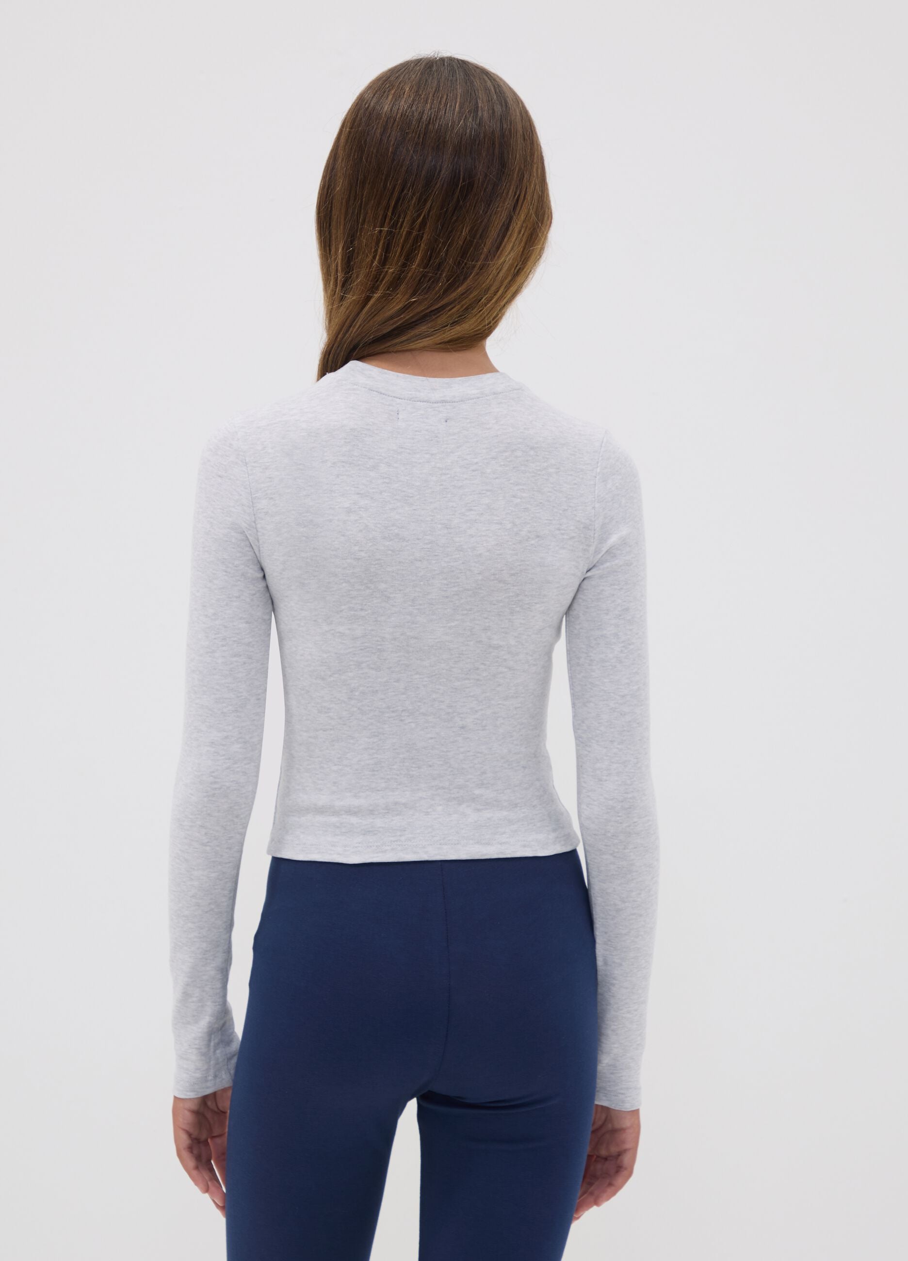 Girls&rsquo; grey organic stretch cotton T-shirt with ribbed neckline